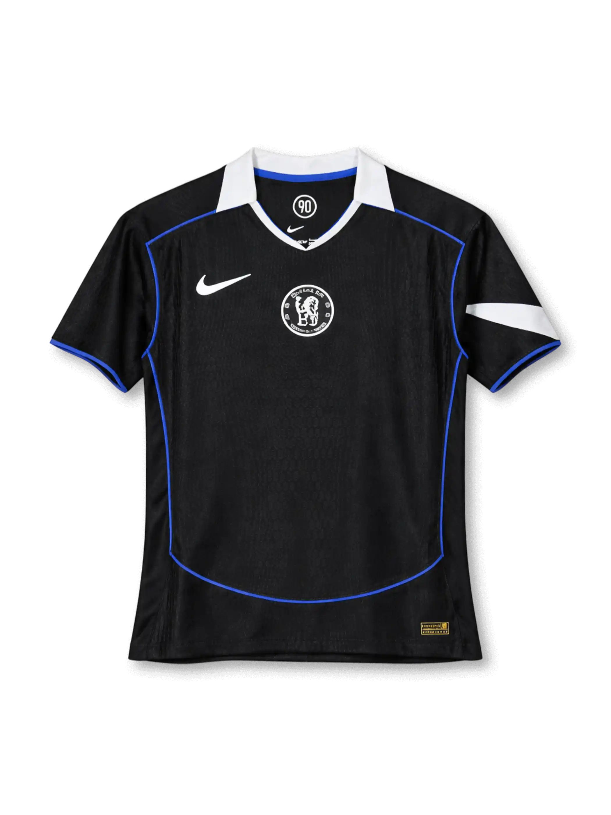 2025-26チェルシーアウェイプレイヤーイシュー正面、ブラック×ブルーパイピング・クラシック円形ライオンエンブレム