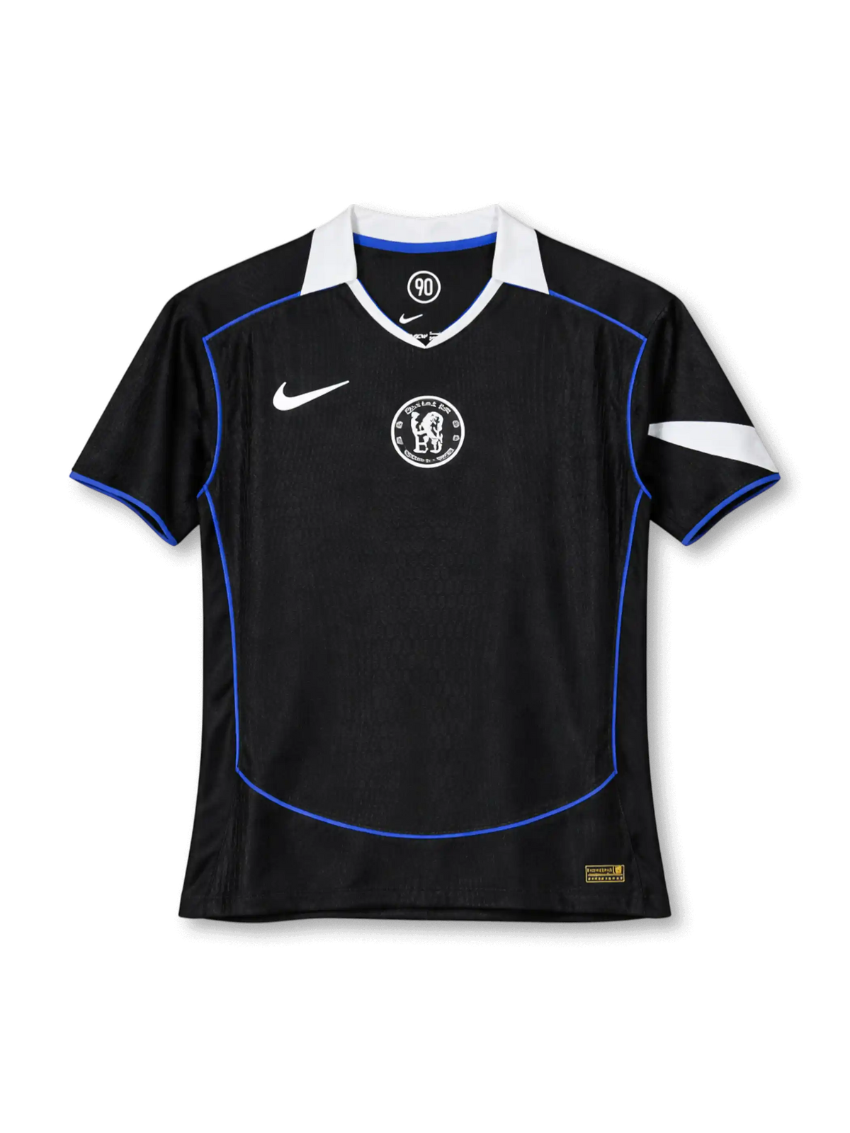 2025-26チェルシーアウェイプレイヤーイシュー正面、ブラック×ブルーパイピング・クラシック円形ライオンエンブレム