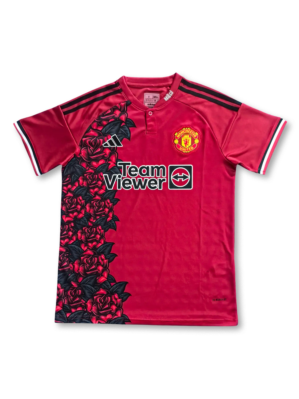 2025年マンチェスター・ユナイテッド 薔薇特別版ユニフォーム 正面、黒赤ローズグラフィック