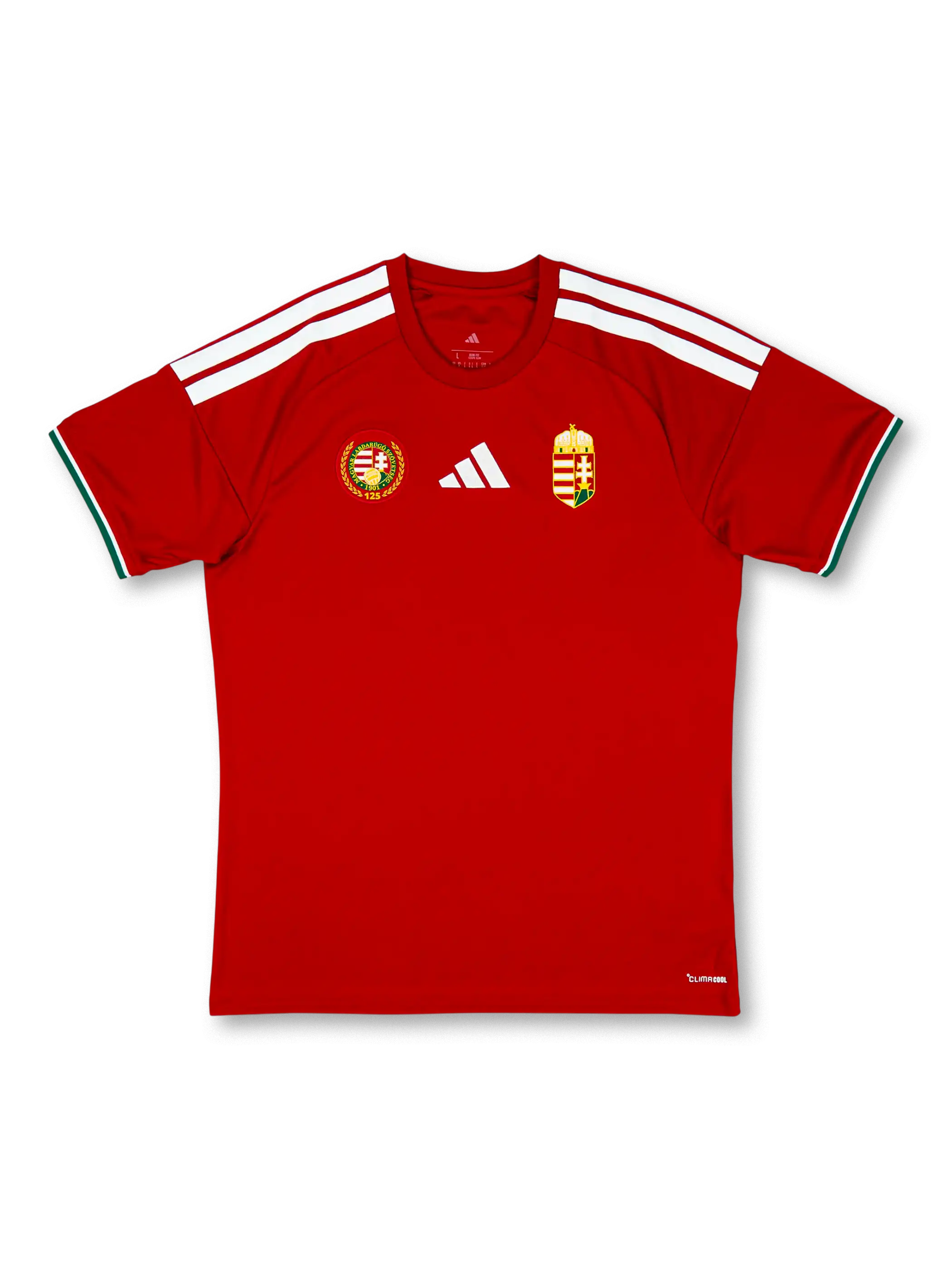 2026-27年ハンガリー代表ホームユニフォーム前面（記念エンブレム）