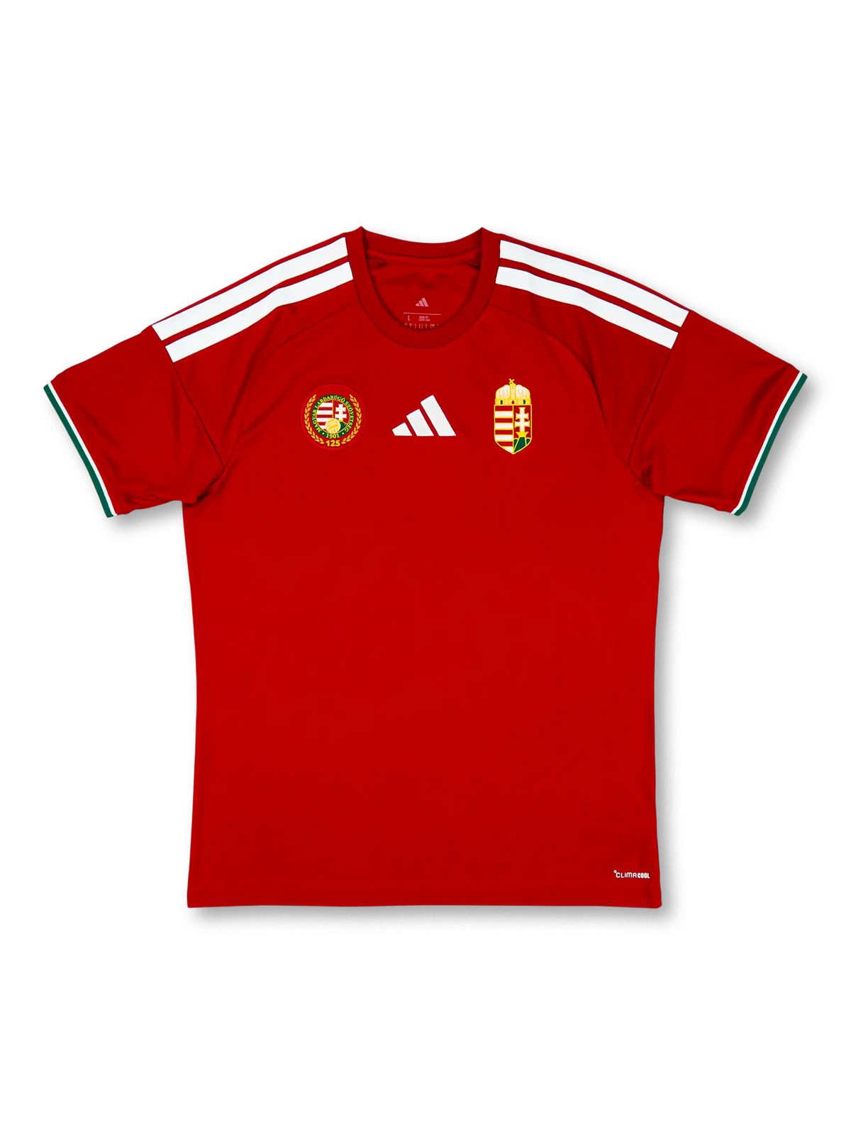 2026-27年ハンガリー代表ホームユニフォーム前面（記念エンブレム）