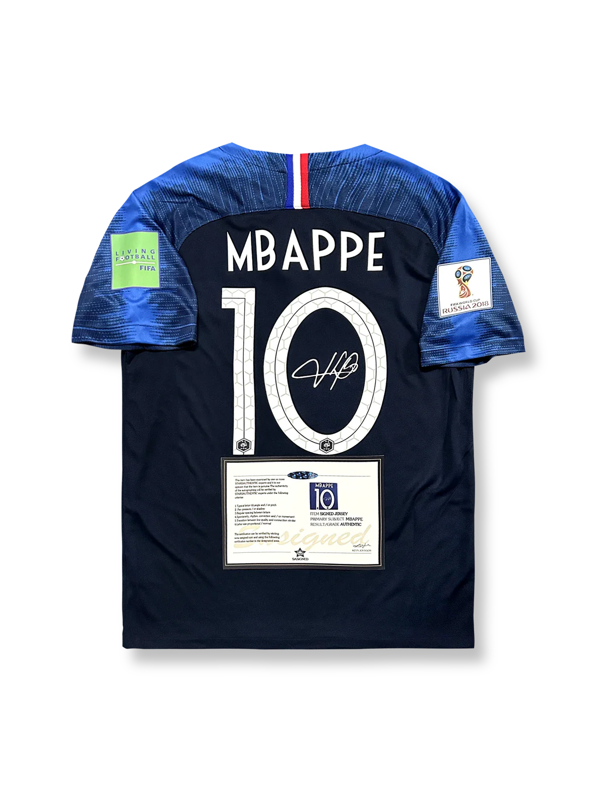 製品画像：「2018年フランス代表 ムバッペサイン入り 10番ワールドカップ決勝戦記念版ユニフォーム 正面展示。ムバッペ直筆サイン、クラシックデザイン、ワールドカップワッペン、高密度刺繍、吸汗性・通気性に優れた快適素材でファン必携。」

詳細画像：「フランス代表エンブレム刺繍、ムバッペのサイン、ユニフォーム背面のディテールの拡大。ムバッペ記念品としてファンやコレクターに人気。」