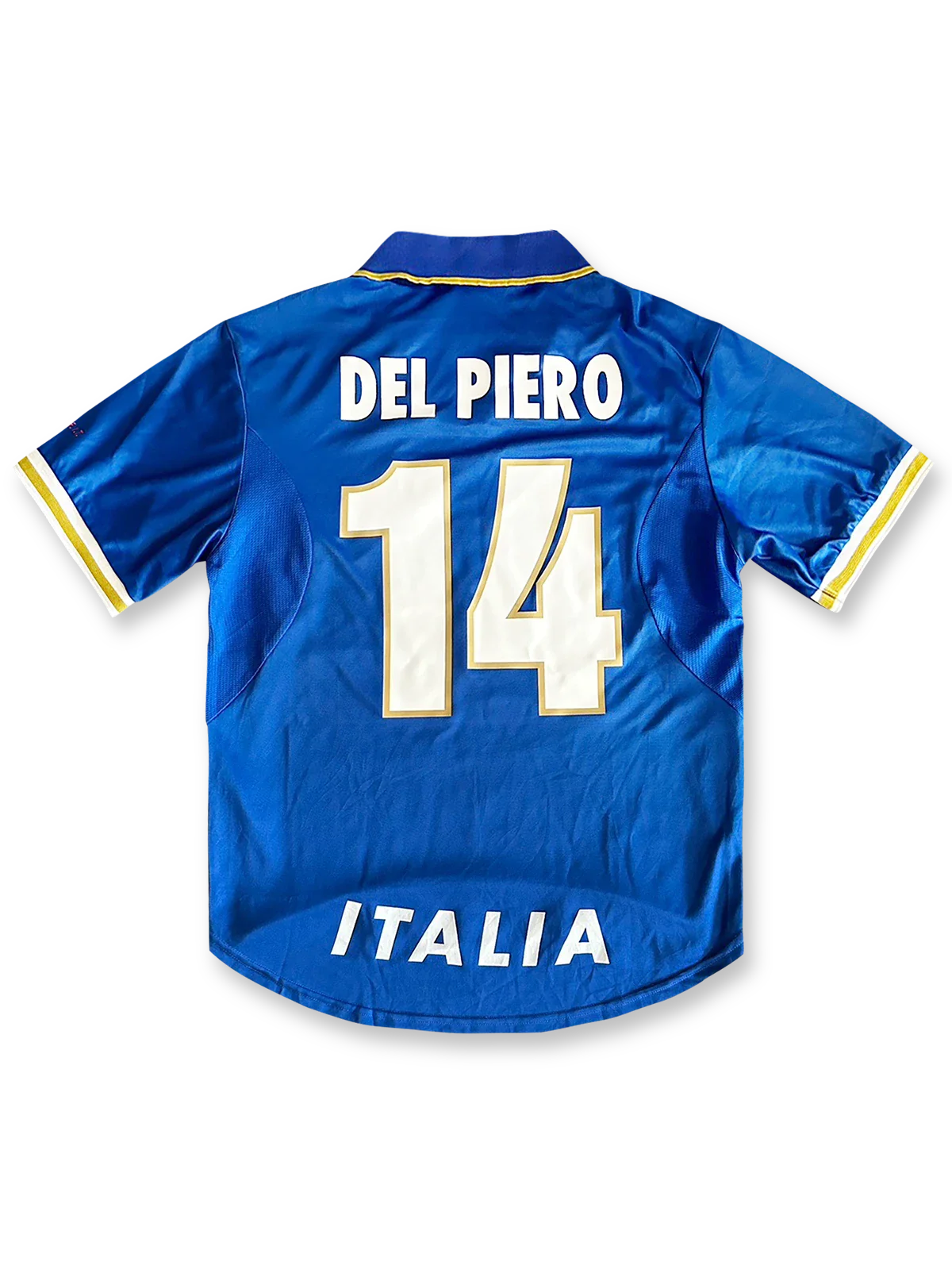 製品画像: 1996年UEFAヨーロッパ選手権 イタリア代表 ホーム ユニフォーム ピエロ14番 正面、クラシック ブルーデザイン サッカーシャツ

詳細画像: 背面のピエロ14番 手作業 フロックプリント ディテール、レトロ イタリア代表 ユニフォーム
