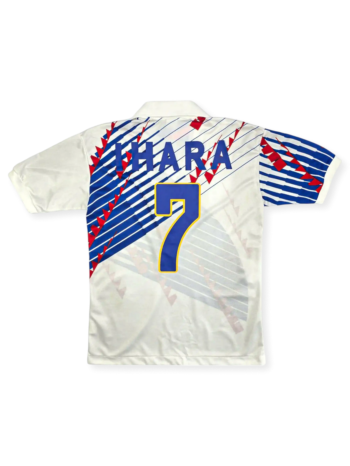 1994–95シーズン日本代表ホームジャージ7番井原正巳、白地にレッドアクセントと日の丸を胸にあしらったクラシックデザイン。