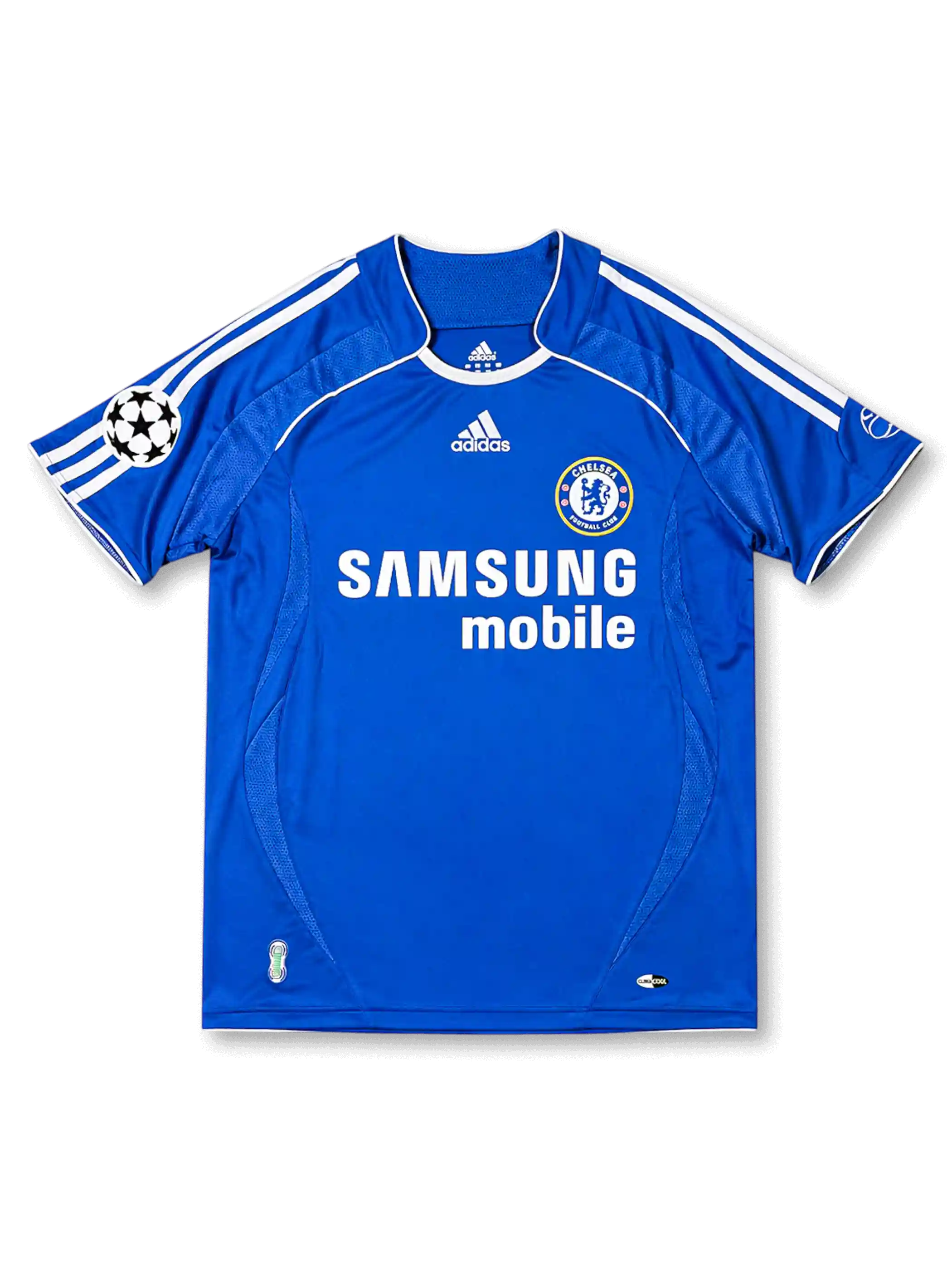 チェルシー 2006-07 ホームジャージの正面、ブルーボディ、Samsung mobileロゴ、クラブエンブレム、白い肩ライン、欧州大会パッチが見えるデザイン