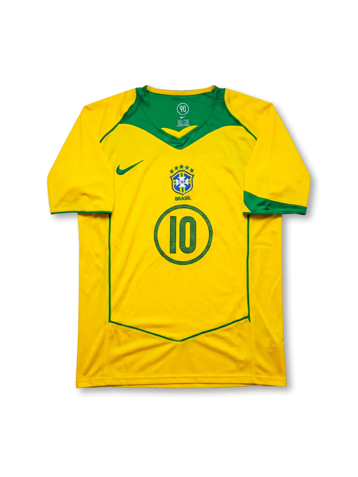 ブラジル代表 2004 ホームジャージの正面、イエローボディ、グリーン切り替え、CBFエンブレム、BRASIL表記、円形フレーム入り10番が見えるデザイン