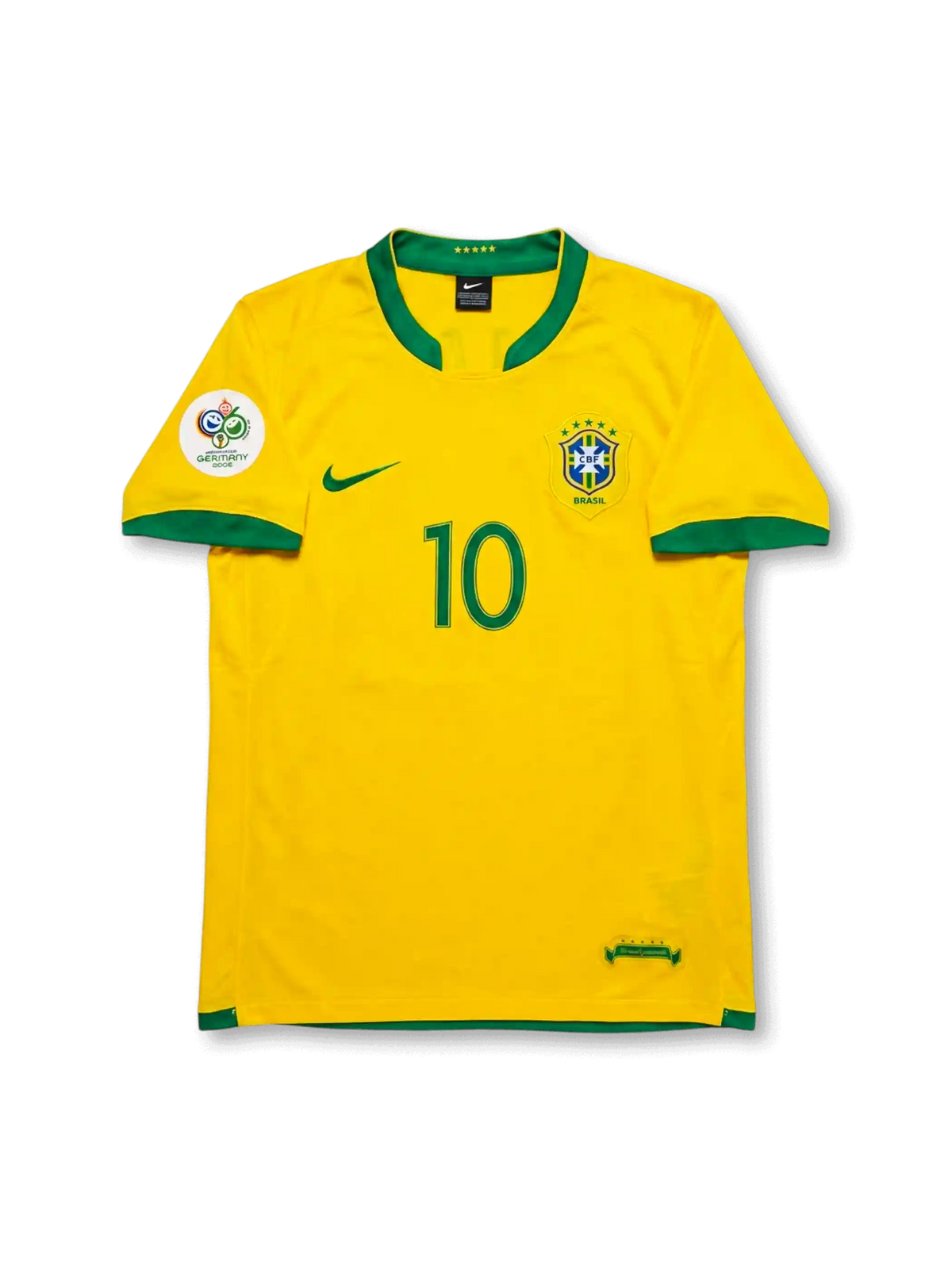 ブラジル代表 2006 ホームジャージの正面、イエローボディ、グリーンの襟と袖口、CBFエンブレム、フロント10番、2006年ドイツ大会パッチが見えるデザイン