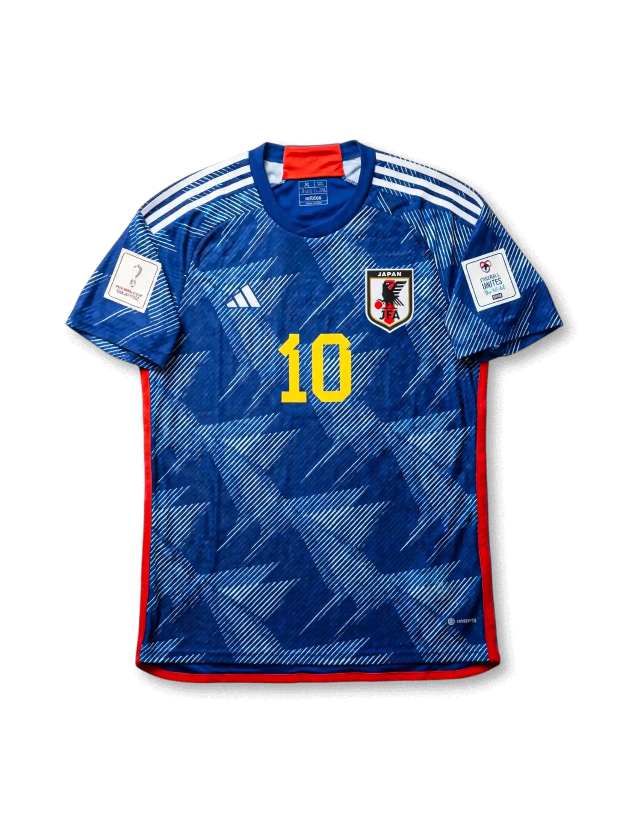 日本代表 2022 ホームジャージの正面、ジャパンブルーボディ、折り紙風グラフィック、JFAエンブレム、黄色の10番、白い肩ライン、カタール大会パッチが見えるデザイン