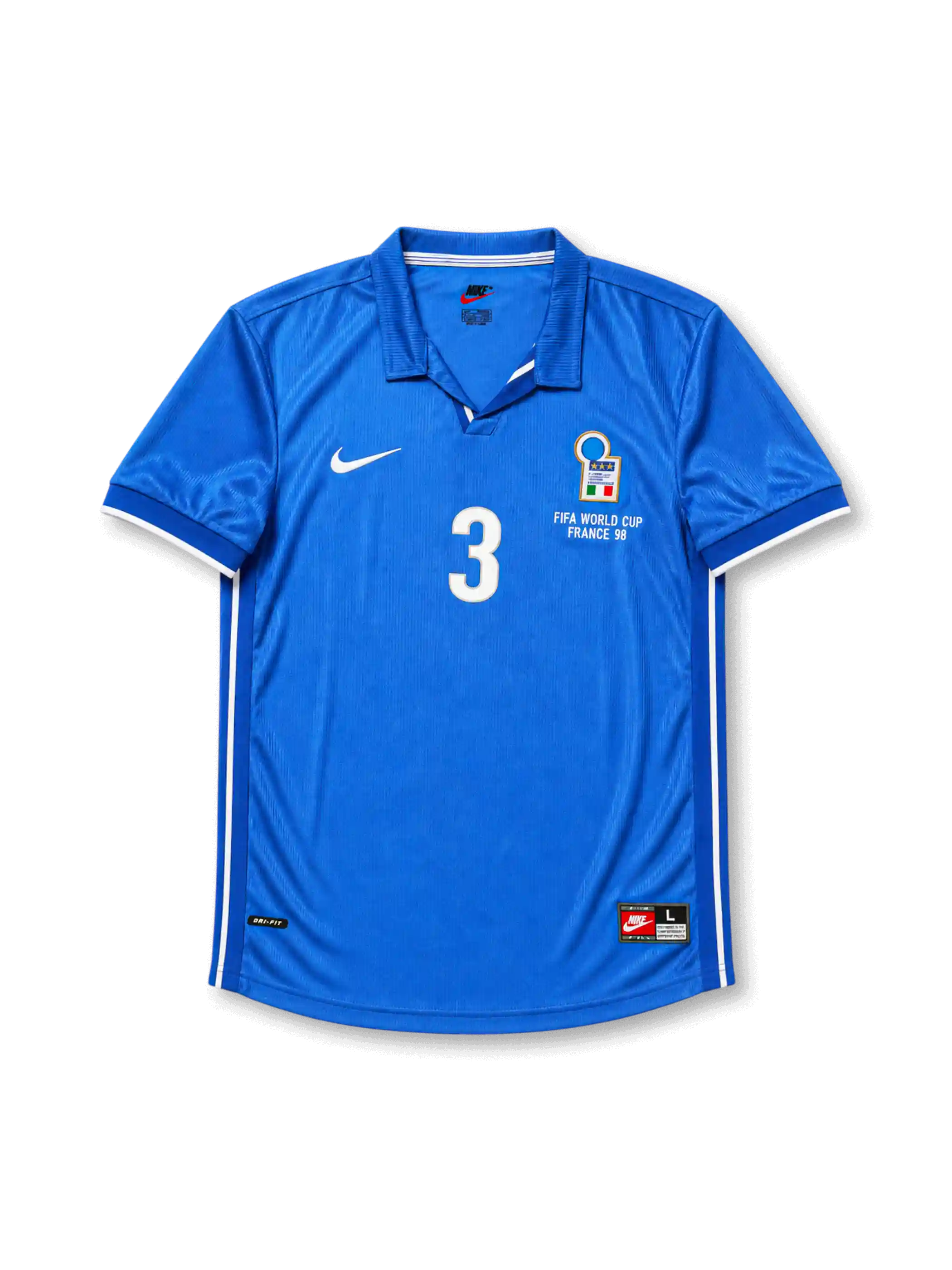イタリア代表1998ホームジャージの正面、ブルーボディ、ポロカラー、イタリア代表エンブレム、FIFA WORLD CUP FRANCE 98表記、ホワイトの3番付きデザイン