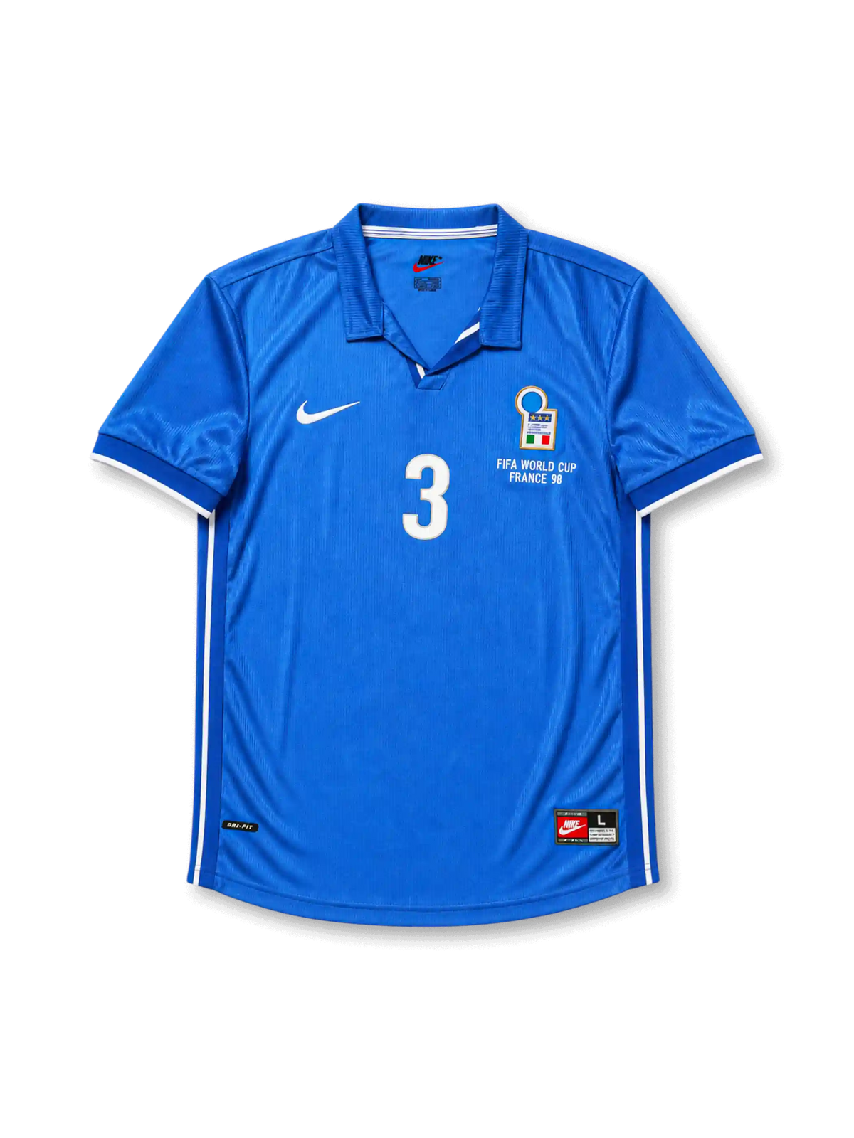 イタリア代表1998ホームジャージの正面、ブルーボディ、ポロカラー、イタリア代表エンブレム、FIFA WORLD CUP FRANCE 98表記、ホワイトの3番付きデザイン