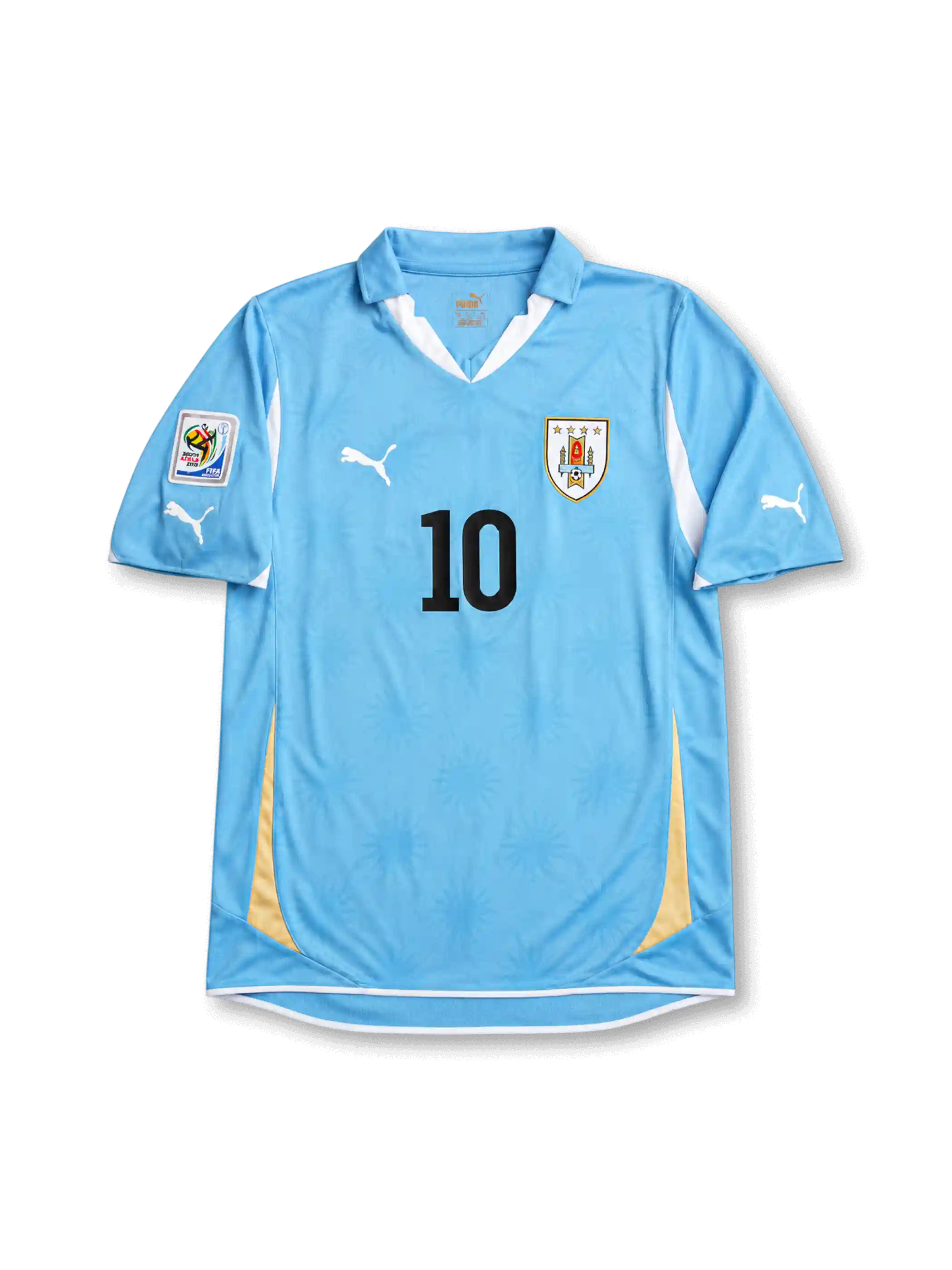 スカイブルーのボディに白い襟、胸中央の黒い10番、代表エンブレム、右袖の2010 FIFAワールドカップパッチを備えたウルグアイ代表2010ホームジャージ正面