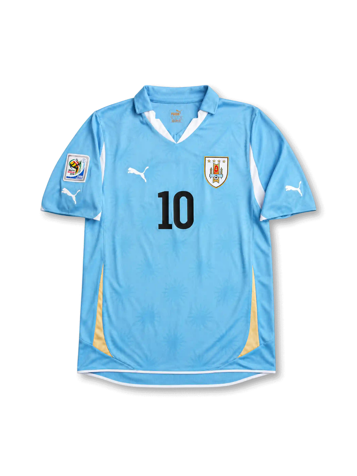 スカイブルーのボディに白い襟、胸中央の黒い10番、代表エンブレム、右袖の2010 FIFAワールドカップパッチを備えたウルグアイ代表2010ホームジャージ正面