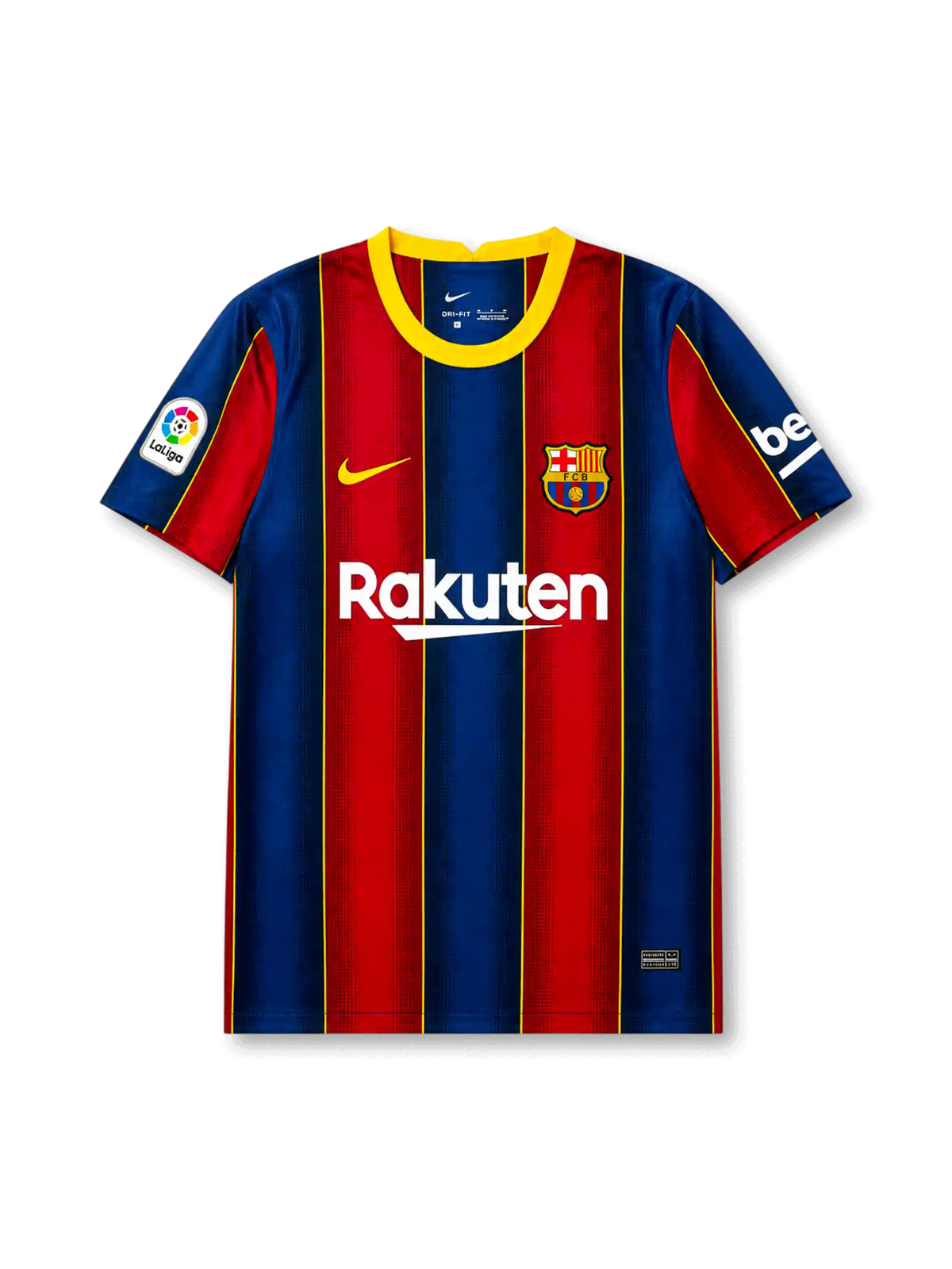 FCバルセロナ2020-21ホームジャージ正面、ブラウグラナ青赤縦縞ストライプにゴールドアウトライン、黄リブ丸首クルーネック、左胸黄Nikeスウッシュ、右胸FCBクラブエンブレム、中央Rakutenスポンサーとunicef、左袖LaLigaパッチ、右袖bekoロゴ