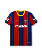 FCバルセロナ2020-21ホームジャージ正面、ブラウグラナ青赤縦縞ストライプにゴールドアウトライン、黄リブ丸首クルーネック、左胸黄Nikeスウッシュ、右胸FCBクラブエンブレム、中央Rakutenスポンサーとunicef、左袖LaLigaパッチ、右袖bekoロゴ