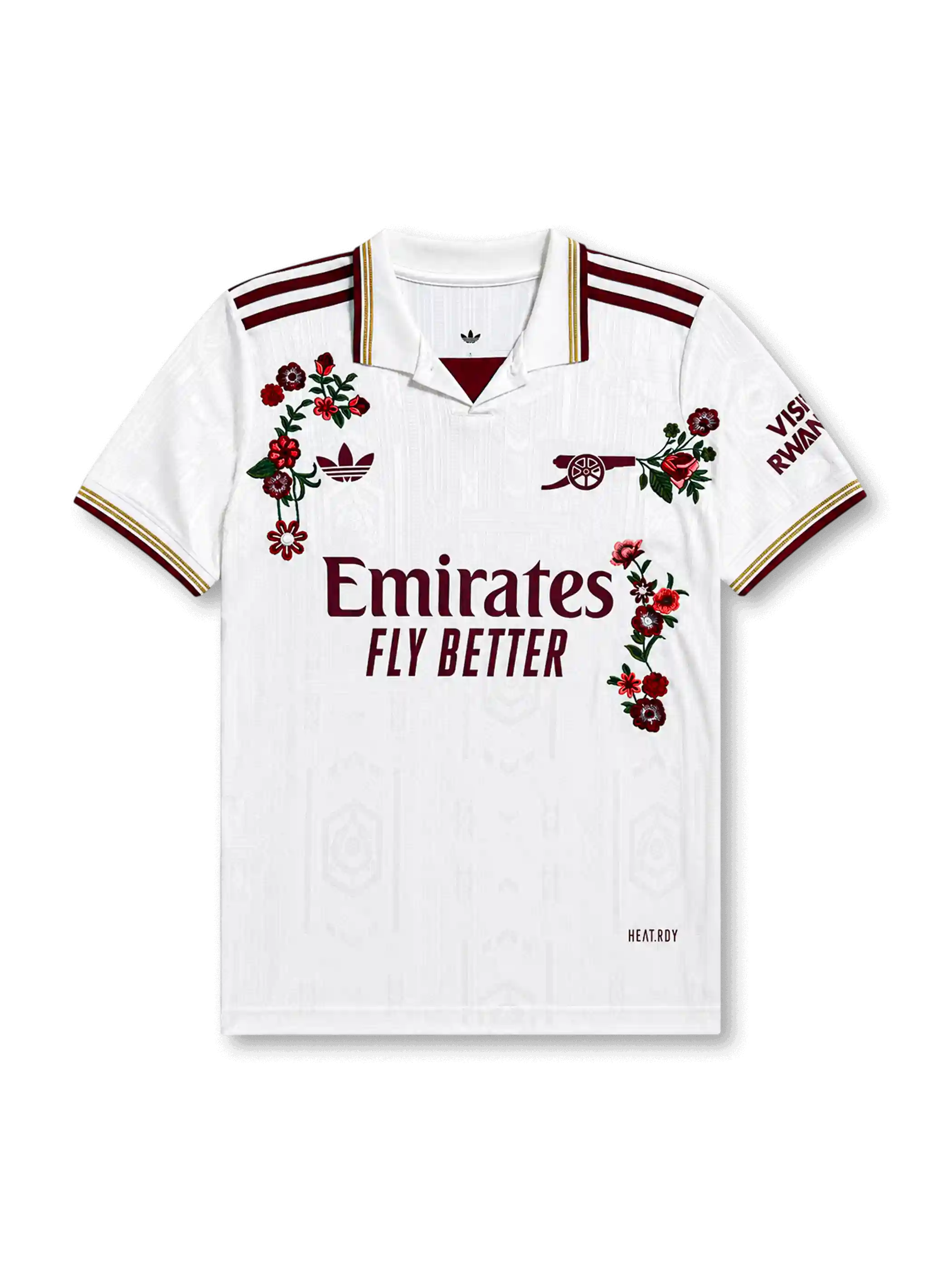 アーセナルFC2025-26サード手刺繍カスタムジャージ正面、純白地にハイベリーアールデコ建築ジャカードパターン、ポロカラー・マルーンV差し色・ゴールド3色リブ、両肩マルーン&ゴールド3ストライプス、左胸マルーンadidas Originalsトレフォイルロゴ、右胸シンプル化キャノン紋章、右袖Visit Rwanda、中央マルーンEmirates Fly Betterスポンサー、左右にイングリッシュローズ&ピンク小花&白マーガレットの英国伝統花柄ハンド刺繍