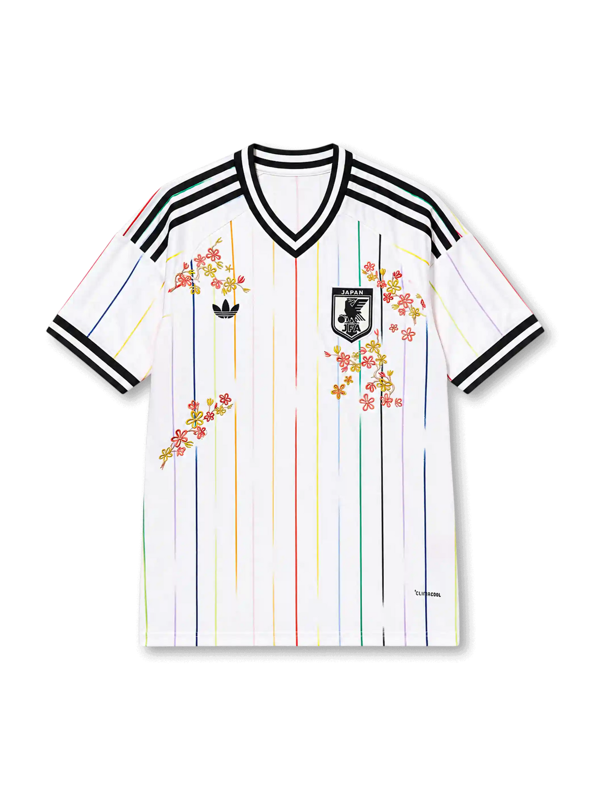 日本代表2026-27アウェイ手刺繍サクラジャージ正面、白地に虹色の縦ピンストライプ、ブラックのV字襟と3本ストライプ、JFA八咫烏エンブレム、胸から肩に立体的な桜の花と枝の刺繍、黒白リブ袖口