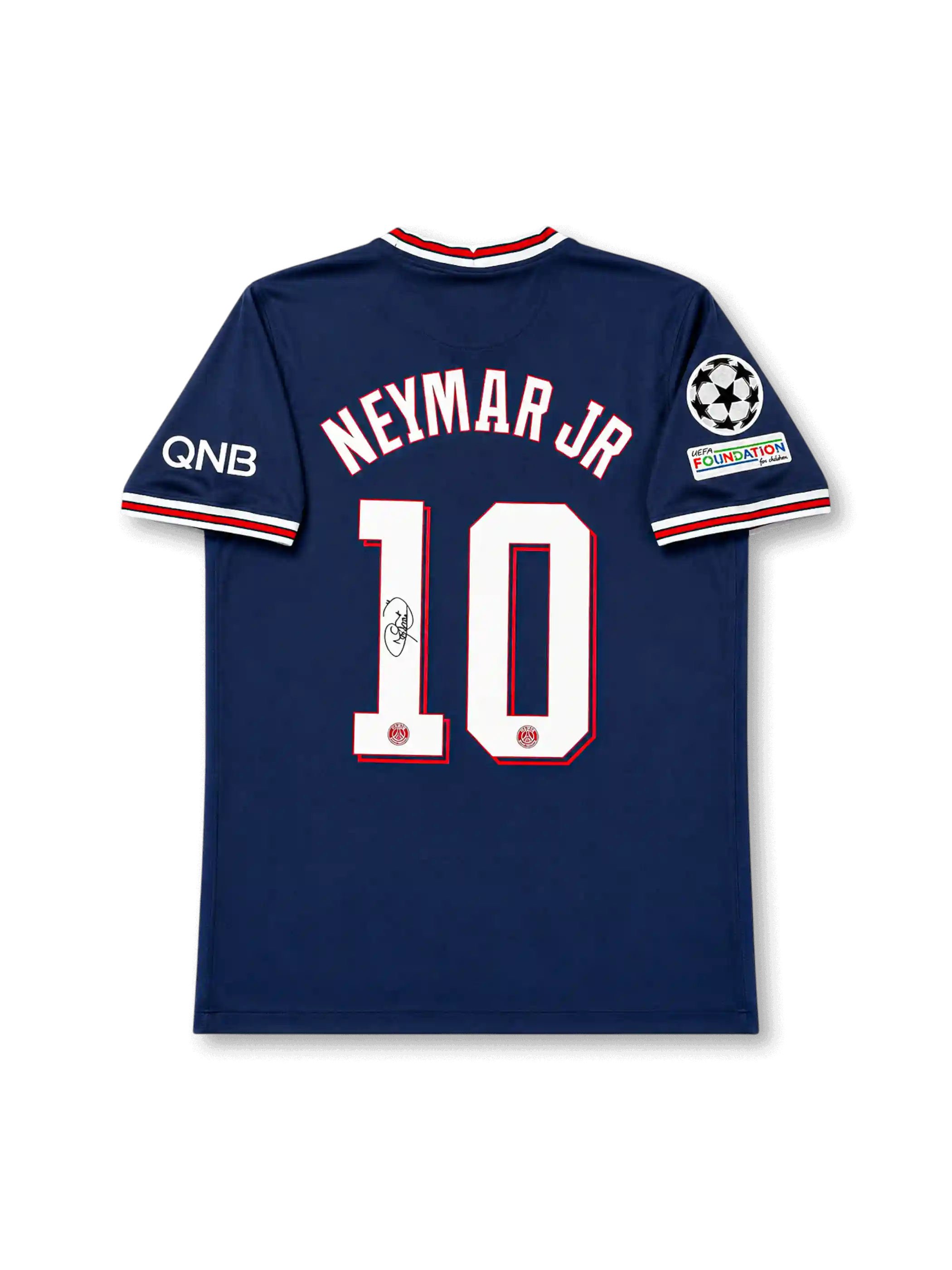 2021–2022パリ・サンジェルマンホーム シグネチャープリントエディション背面、ネイマール10番、ネイビーボディ、UEFAチャンピオンズリーグパッチ仕様