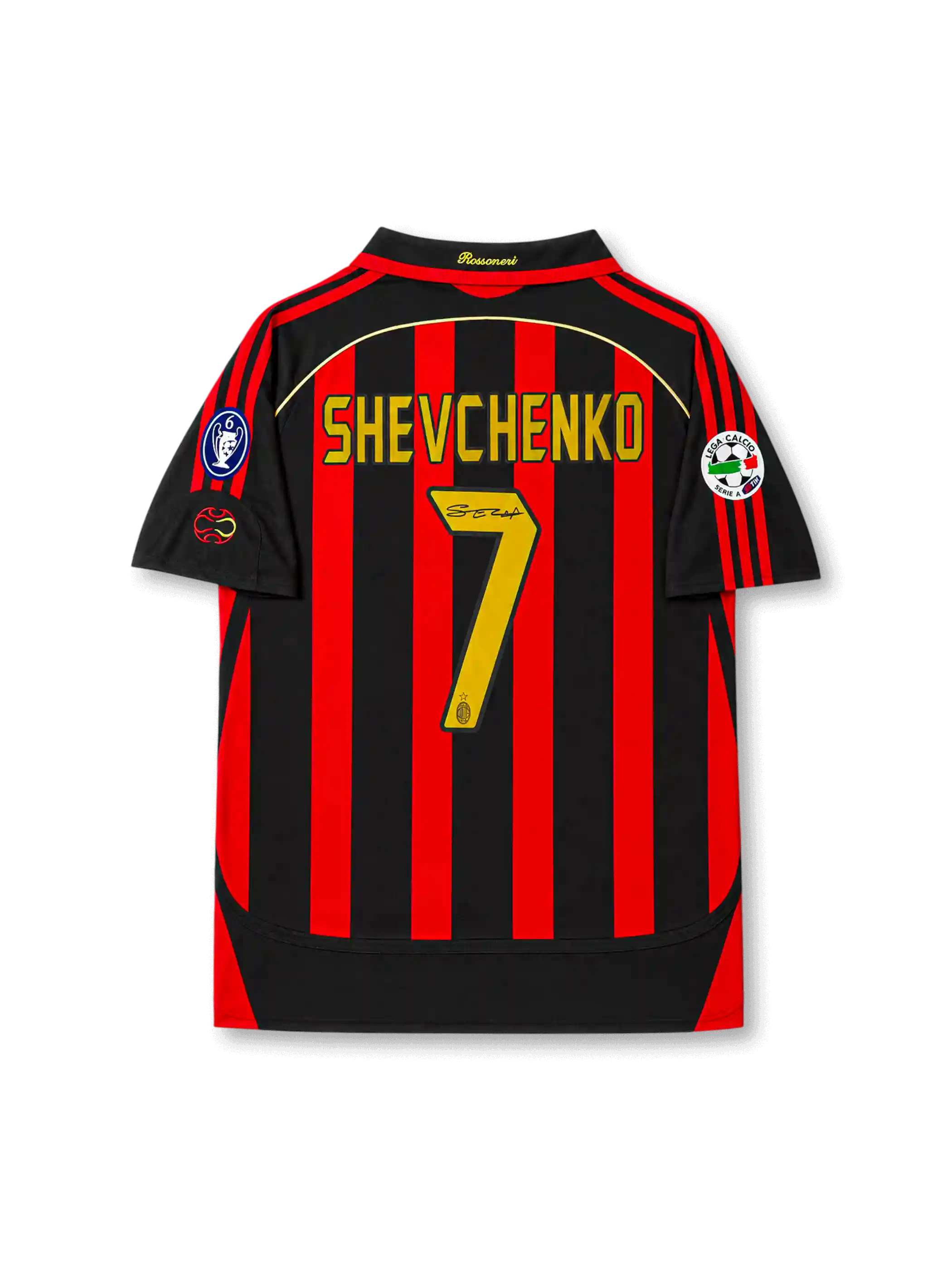 2006–2007 ACミランホーム シグネチャープリントエディション背面、シェフチェンコ7番、赤黒ストライプ、ゴールドマーキング、欧州大会パッチ仕様