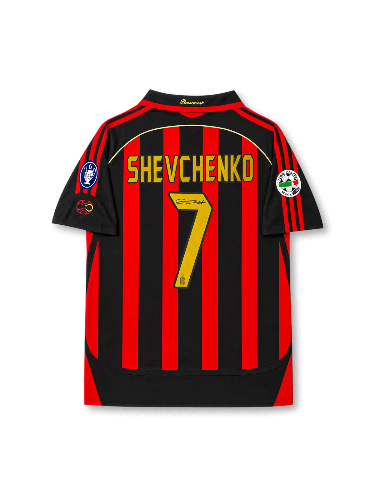 2006–2007 ACミランホーム シグネチャープリントエディション背面、シェフチェンコ7番、赤黒ストライプ、ゴールドマーキング、欧州大会パッチ仕様