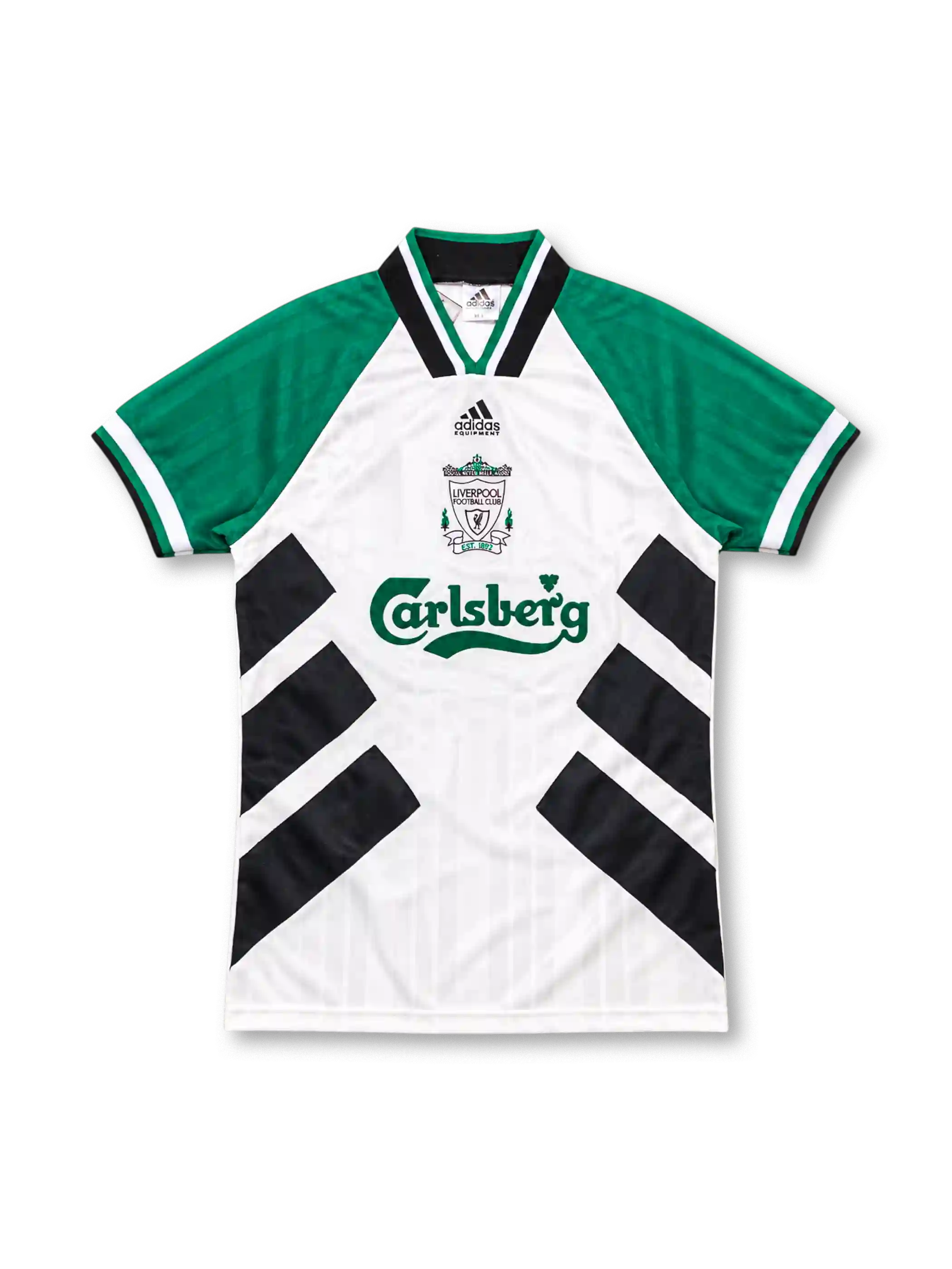 リヴァプール 1993-95 アウェイ ユニフォーム 白にグリーンの袖と黒の斜めライン Carlsbergロゴ入り