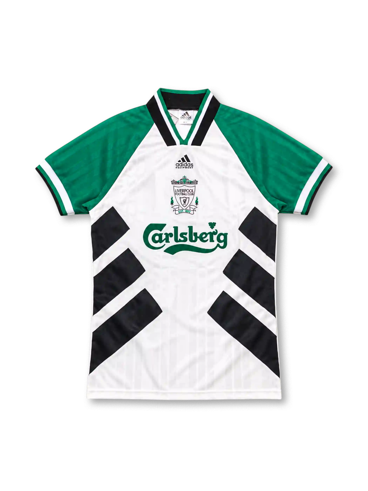 リヴァプール 1993-95 アウェイ ユニフォーム 白にグリーンの袖と黒の斜めライン Carlsbergロゴ入り