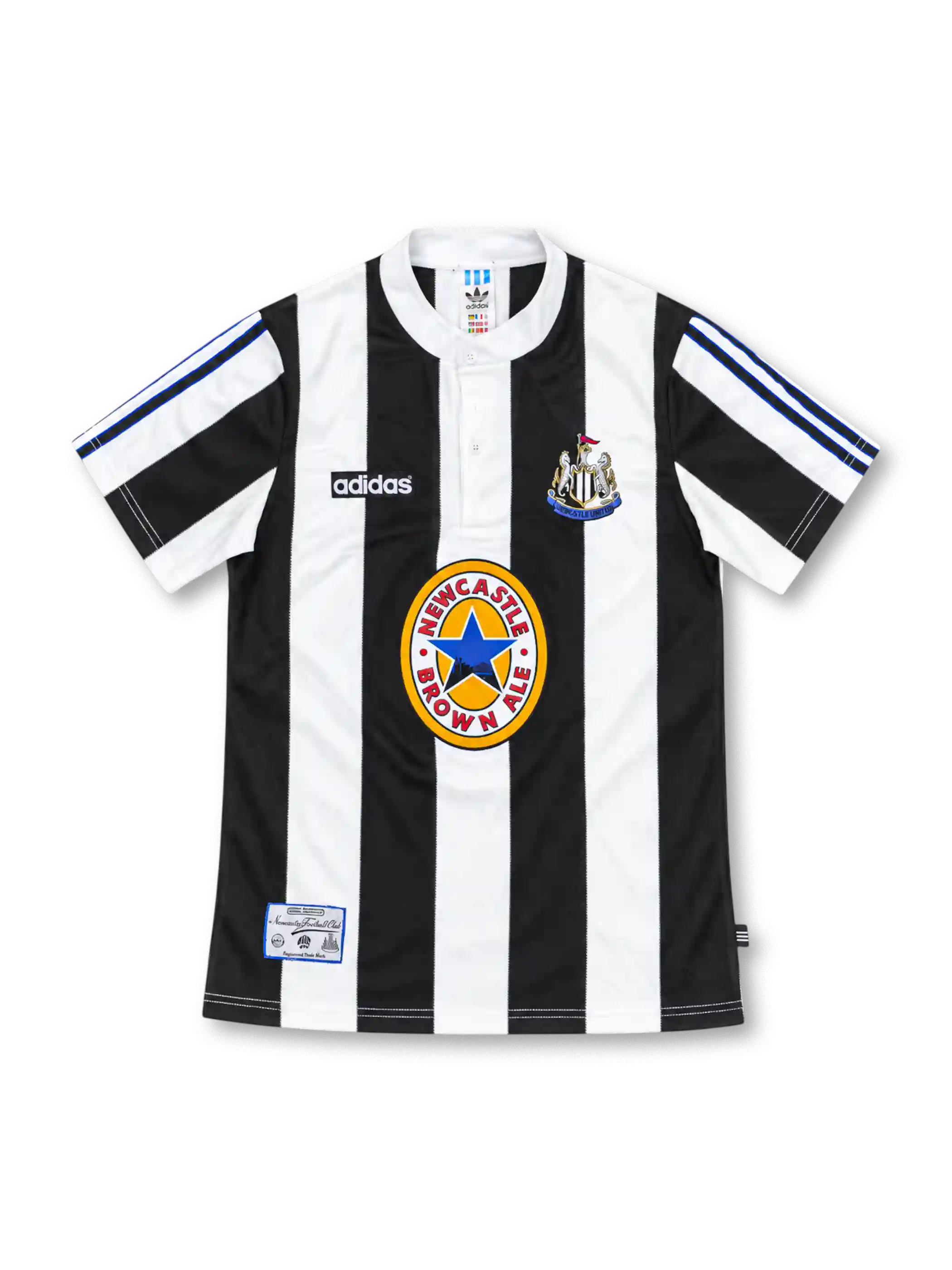ニューカッスル・ユナイテッド 1995-97 ホーム ユニフォーム 白黒の縦縞 グランパ襟 NEWCASTLE BROWN ALEロゴ入り
