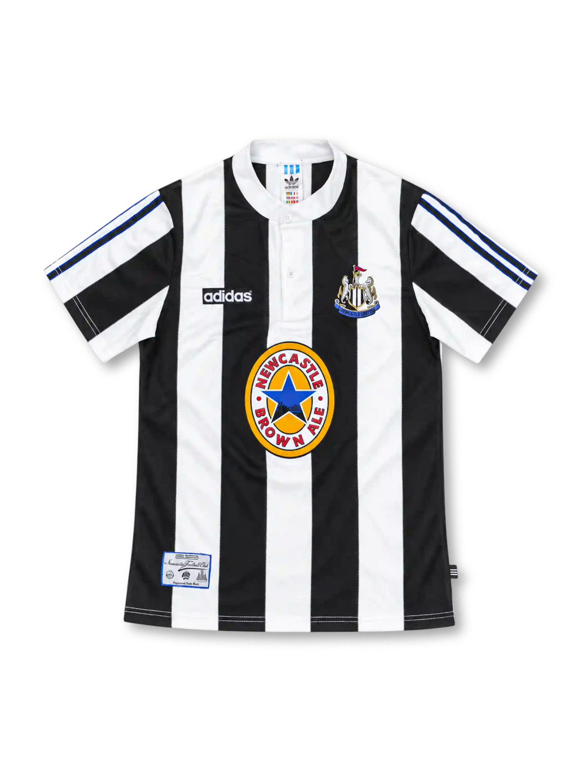 ニューカッスル・ユナイテッド 1995-97 ホーム ユニフォーム 白黒の縦縞 グランパ襟 NEWCASTLE BROWN ALEロゴ入り