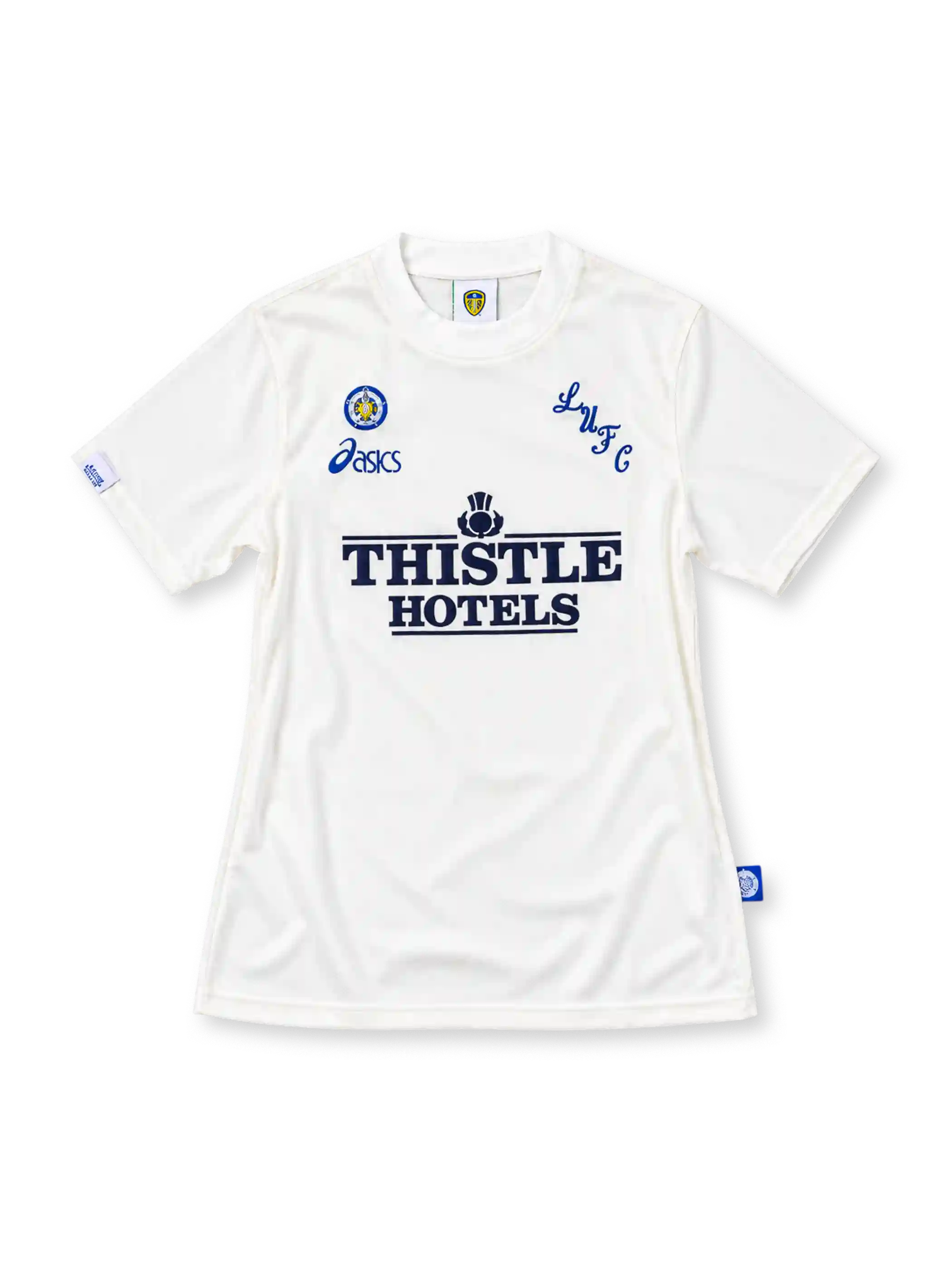 リーズ・ユナイテッド 1995-96 ホーム ユニフォーム 純白に筆記体のLUFC THISTLE HOTELSロゴ入り