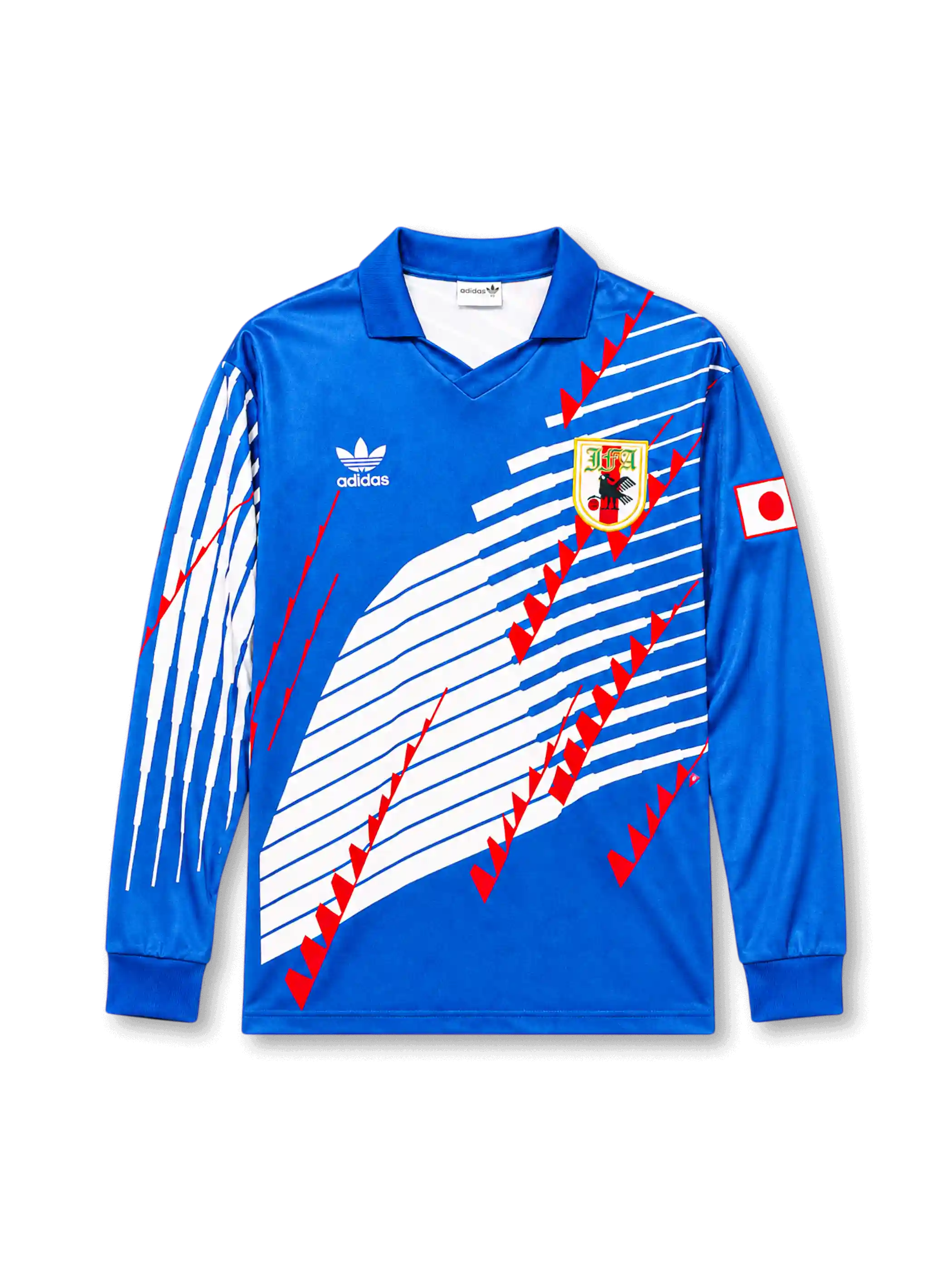 青を基調に白の斜めラインと赤の三角モチーフを配した1993年日本代表ホーム長袖ユニフォーム、左胸エンブレム、右袖の日本国旗パッチ、ポロカラー仕様、背面はネームと番号なし