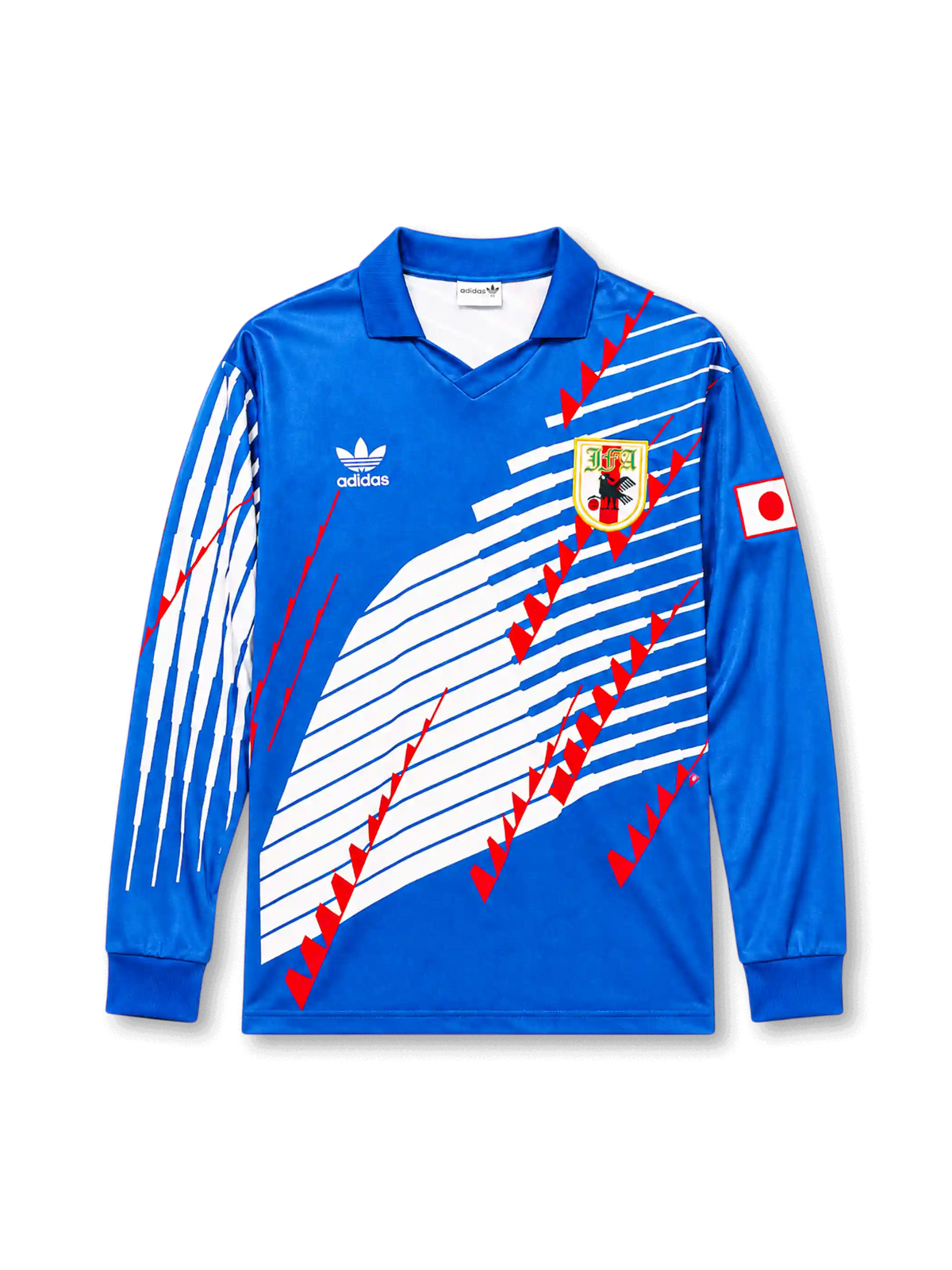 青を基調に白の斜めラインと赤の三角モチーフを配した1993年日本代表ホーム長袖ユニフォーム、左胸エンブレム、右袖の日本国旗パッチ、ポロカラー仕様、背面はネームと番号なし