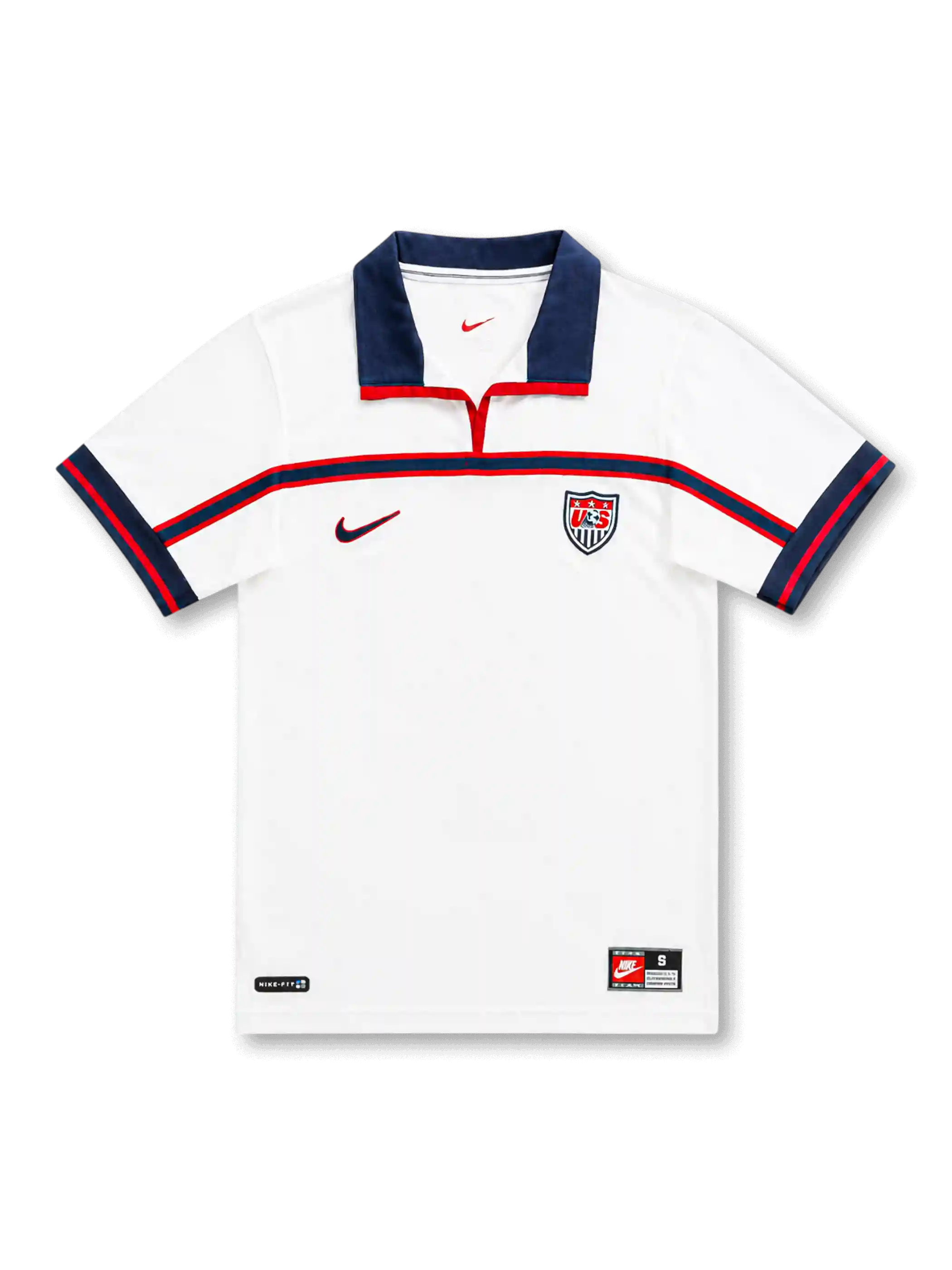 1998年アメリカ代表ホームジャージ正面、ホワイト、ネイビーの襟、胸に赤青ライン、USAクレスト、袖口にネイビーとレッドのライン