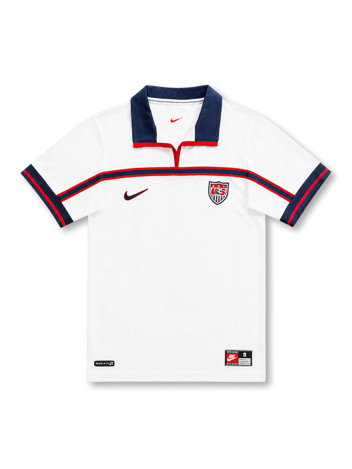 1998年アメリカ代表ホームジャージ正面、ホワイト、ネイビーの襟、胸に赤青ライン、USAクレスト、袖口にネイビーとレッドのライン