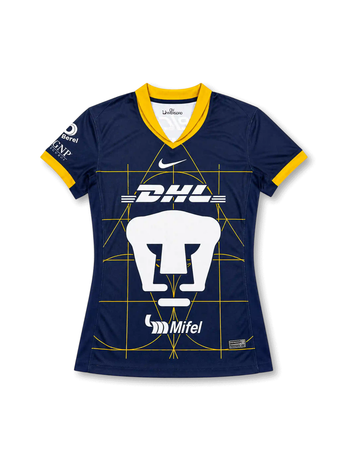 プーマス UNAM 2024/25 アウェイジャージ ウィメンズ 正面・ネイビー基調・黄金ブループリントグラフィック・大型プーマエンブレム・DHLスポンサー・イエローVネック