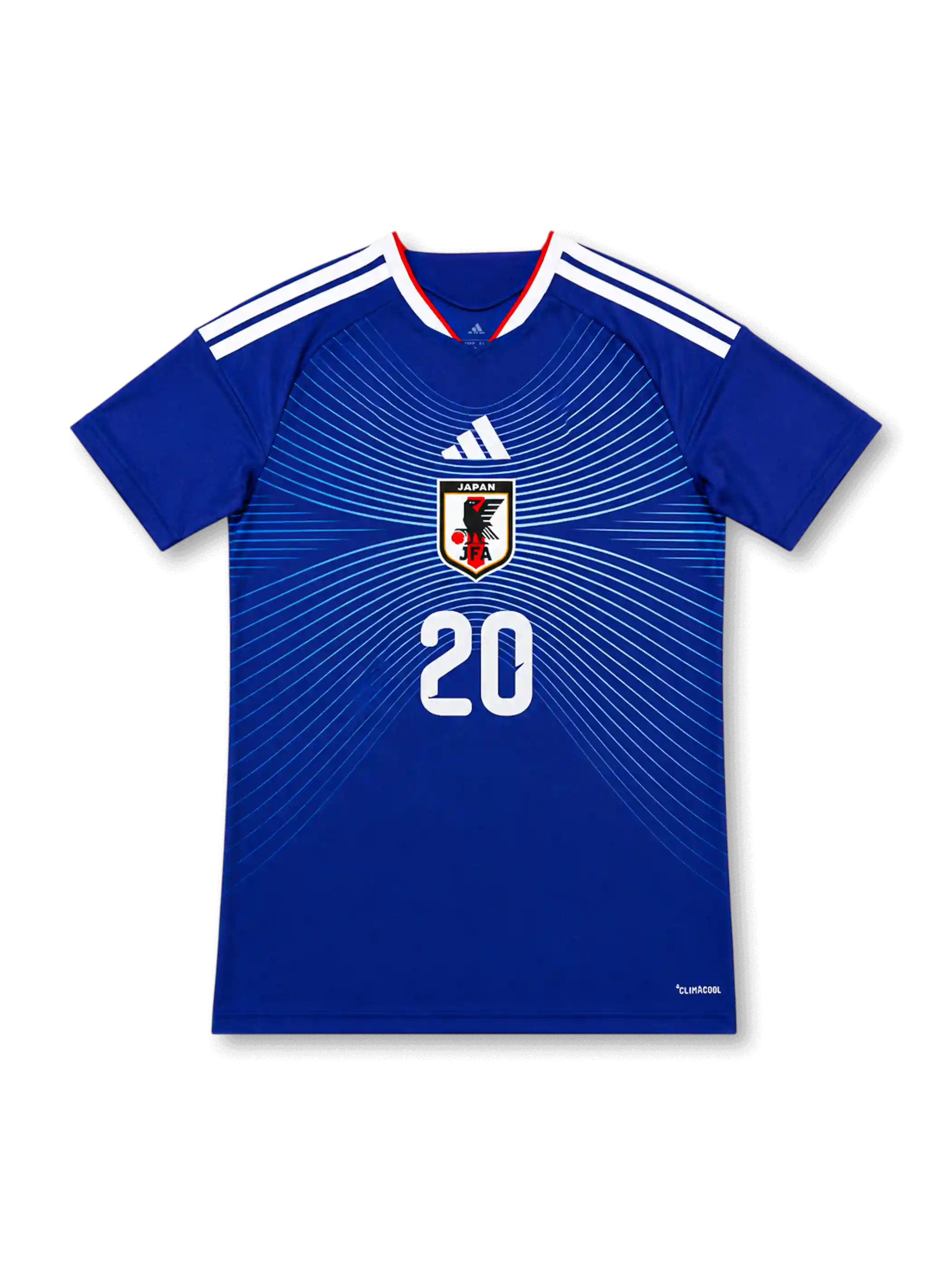 2026年日本代表ホームレプリカユニフォーム正面、ブルーボディ、胸中央JFAエンブレム、放射ライン、白のショルダーストライプ、赤白トリムVネック、前面背番号20