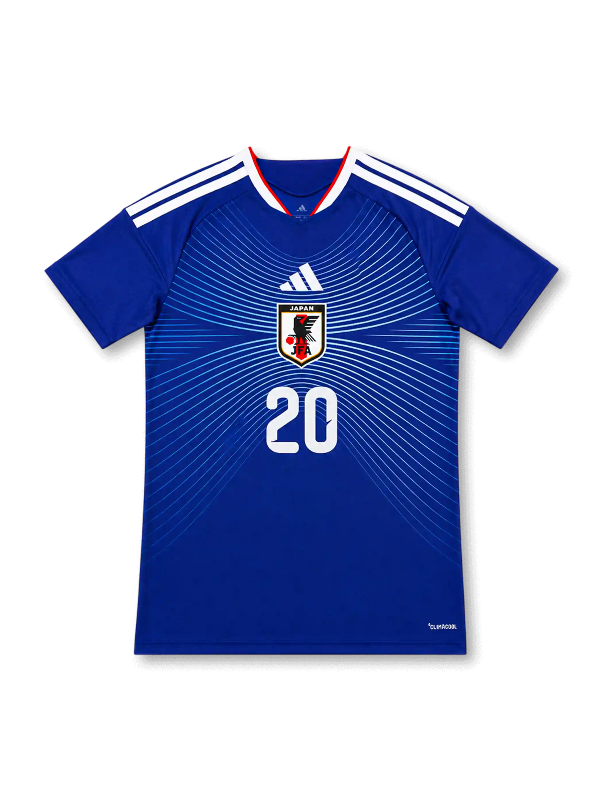 2026年日本代表ホームレプリカユニフォーム正面、ブルーボディ、胸中央JFAエンブレム、放射ライン、白のショルダーストライプ、赤白トリムVネック、前面背番号20