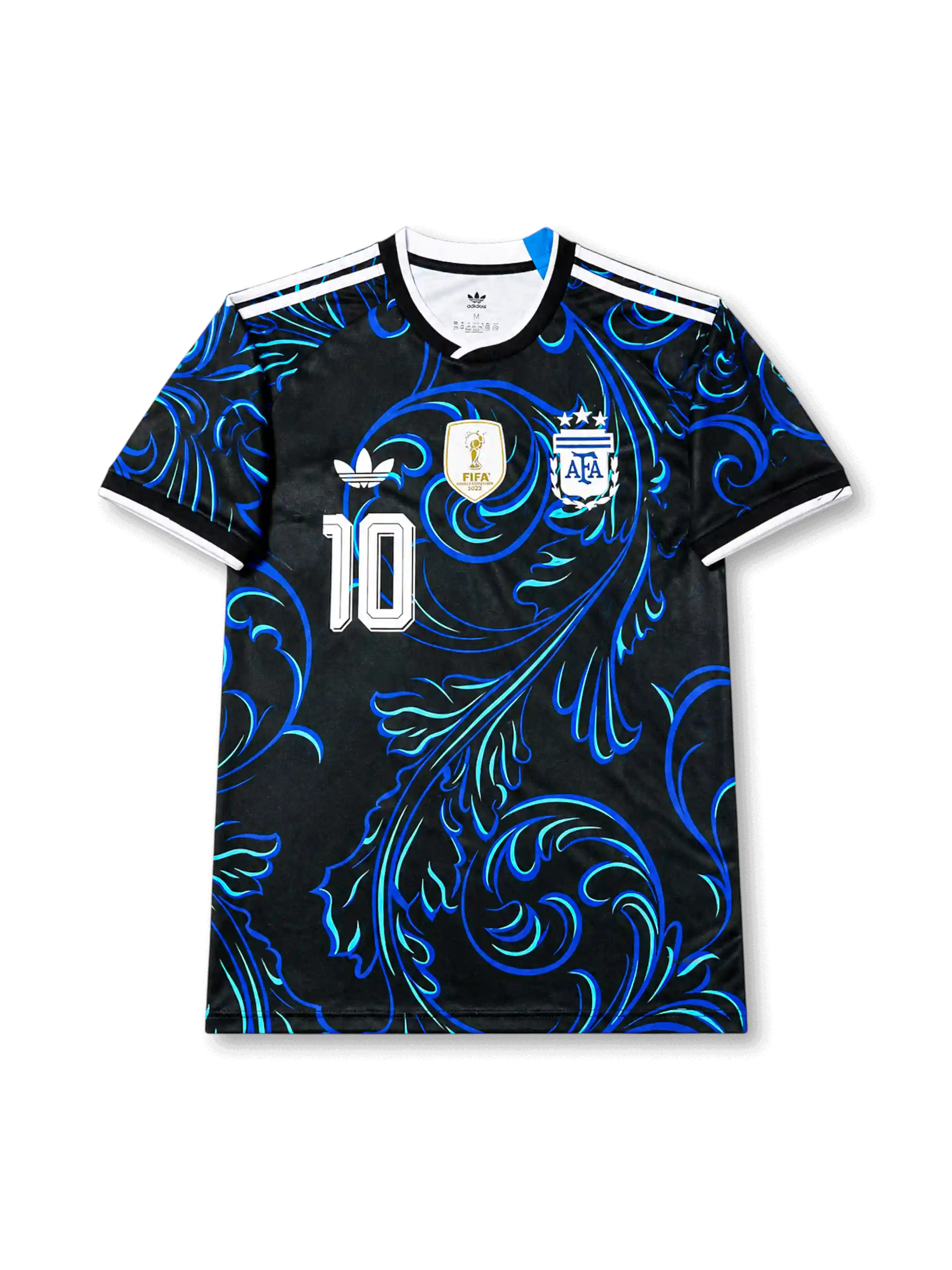 2026年アルゼンチン代表ワールドカップスペシャルエディションユニフォーム正面、ブラックベース、ブルー流線グラフィック、胸元代表エンブレム、ゴールド系チャンピオンバッジ、前面背番号10、白ショルダーストライプ