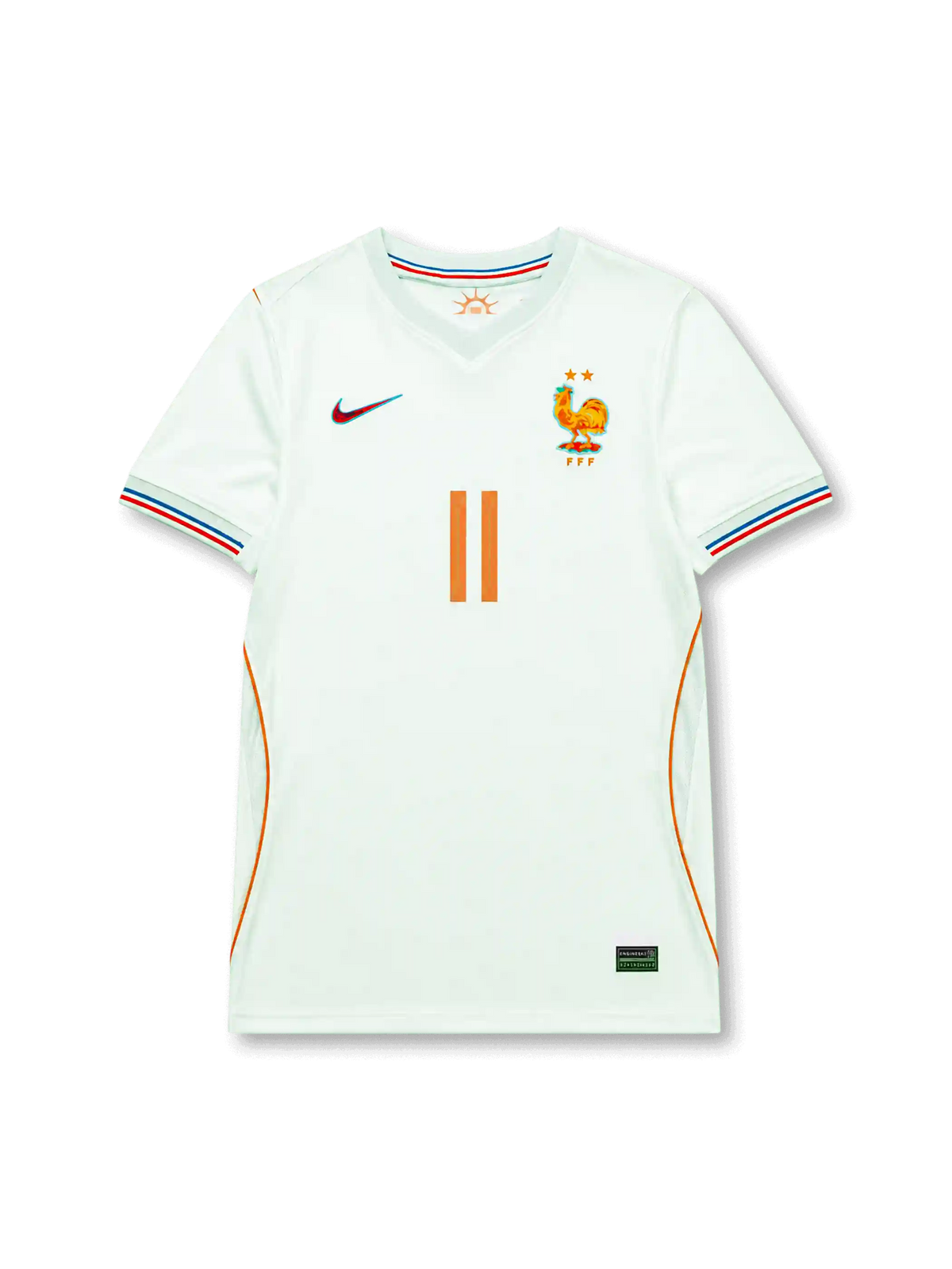 2026年フランス代表ワールドカップアウェイユニフォーム正面、淡いミントホワイトボディ、胸元フランス代表エンブレム、2つ星、オレンジ背番号11、トリコロール袖口ライン、オレンジサイドパイピング