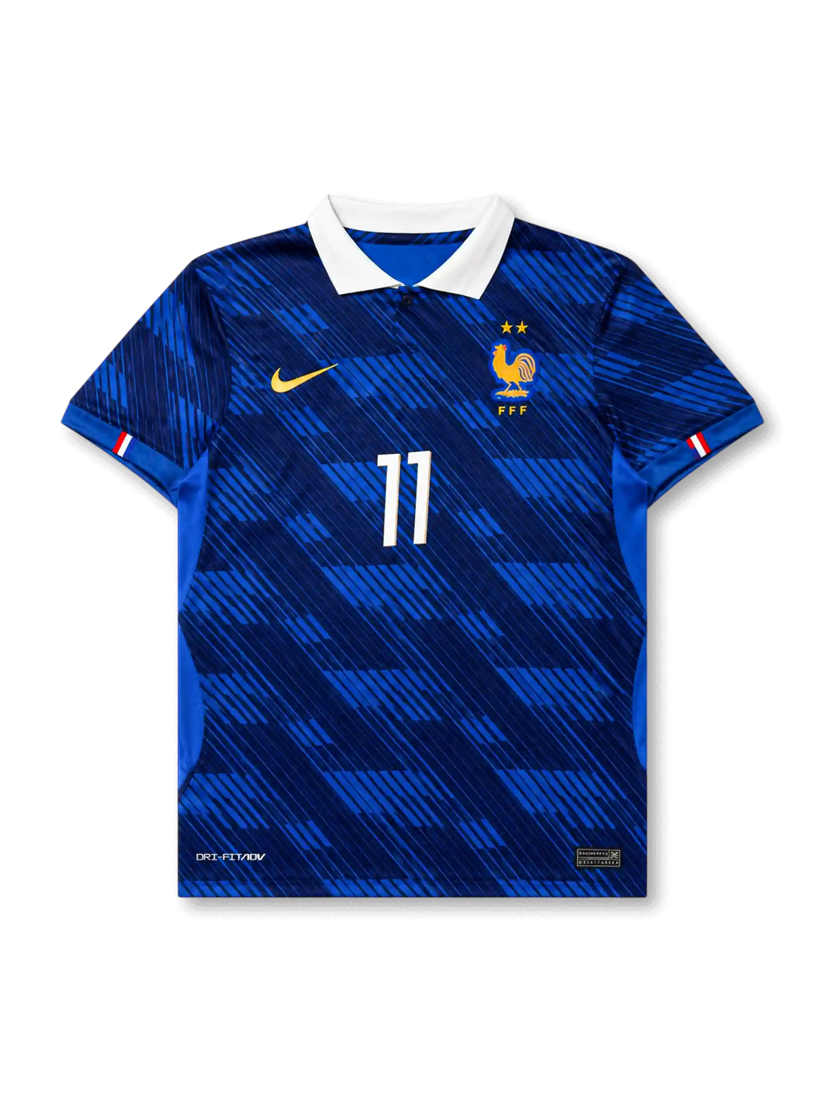 2026年フランス代表ワールドカップホームユニフォーム正面、ロイヤルブルーボディ、斜めストライプグラフィック、白襟、胸元フランス代表エンブレム、2つ星、前面背番号11、袖口トリコロールディテール