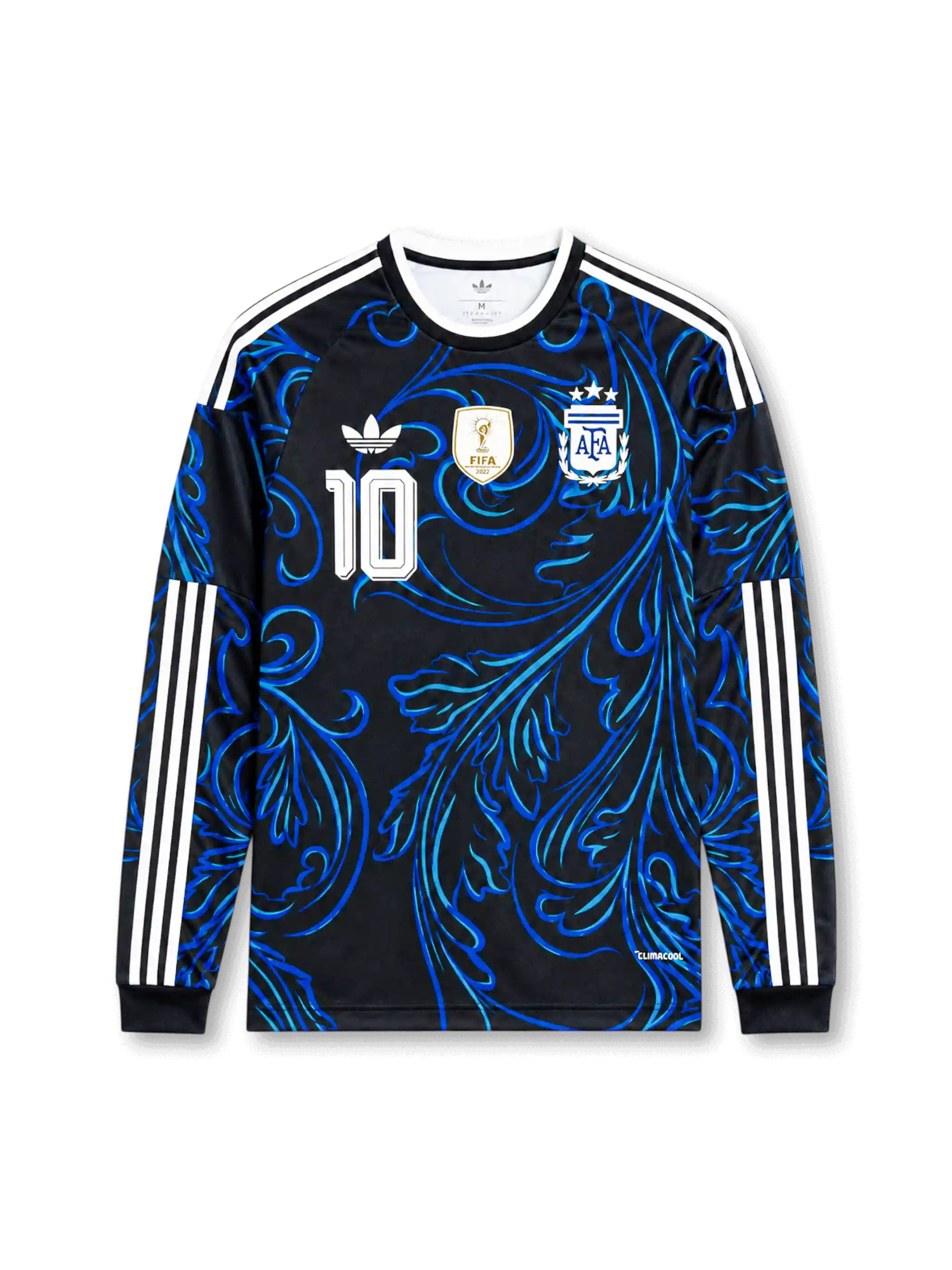 2026年アルゼンチン代表ワールドカップアウェイロングスリーブユニフォーム正面、ブラックベース、ブルー流線グラフィック、胸元代表エンブレム、3つ星、ゴールド系チャンピオンバッジ、前面背番号10、白ショルダーストライプ