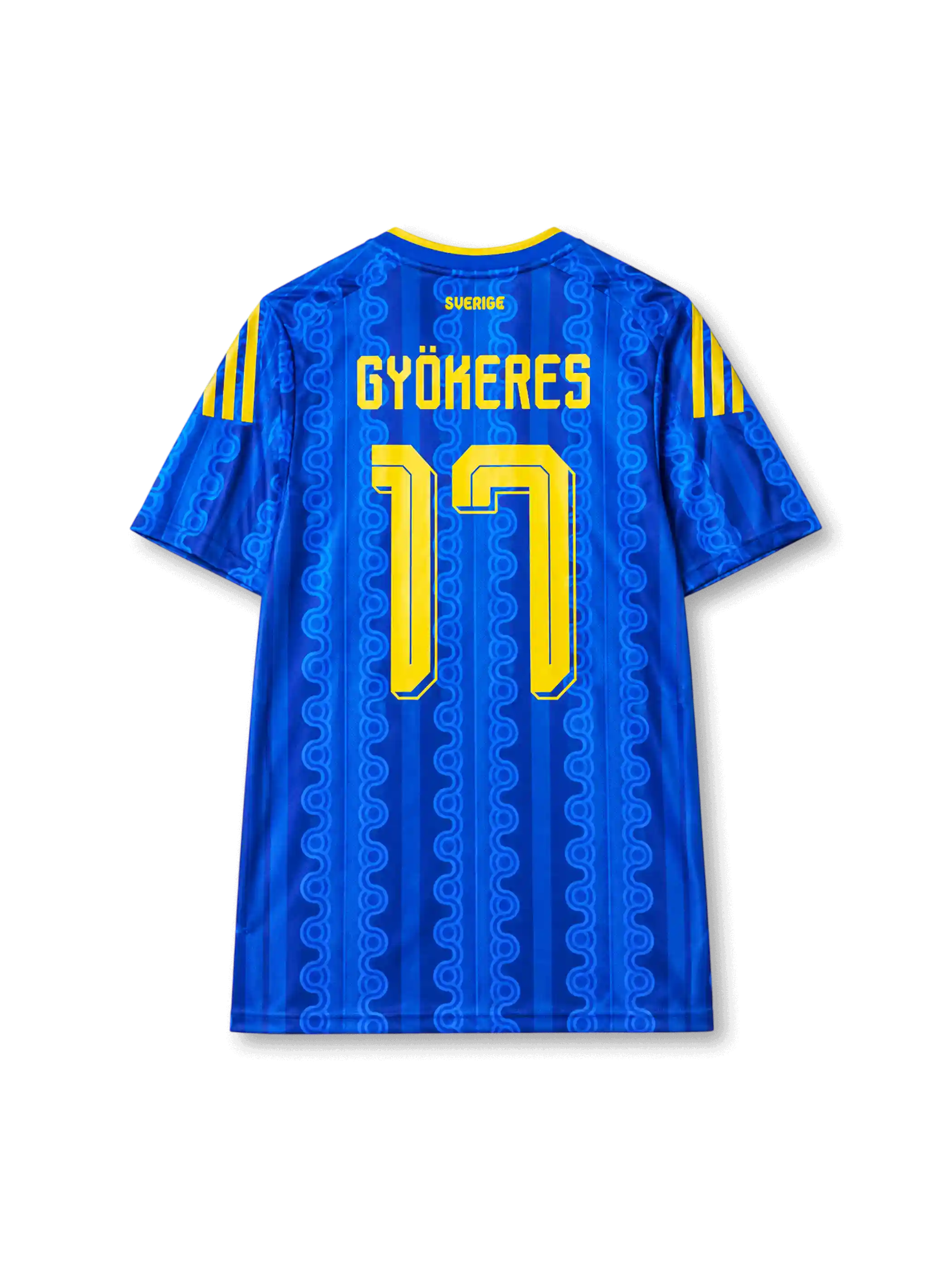 ロイヤルブルー地に連鎖ループ柄、襟下の黄色「SVERIGE」、黄色の「GYÖKERES」ネームと大型の17番、肩の黄色3本ストライプを備えたアウェイユニフォーム背面