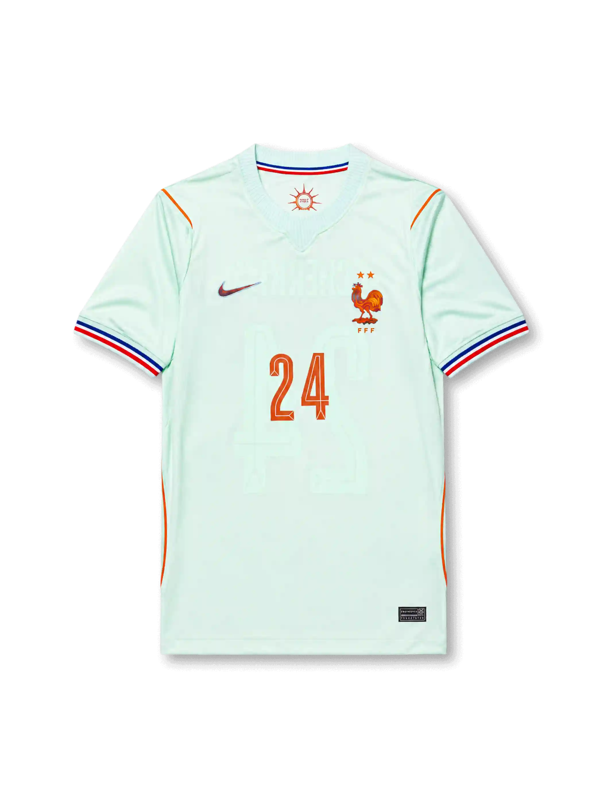 2026年フランス代表ワールドカップアウェイユニフォーム正面、ミントグリーンボディ、オレンジの背番号24、フランス代表エンブレム、袖口トリコロールライン