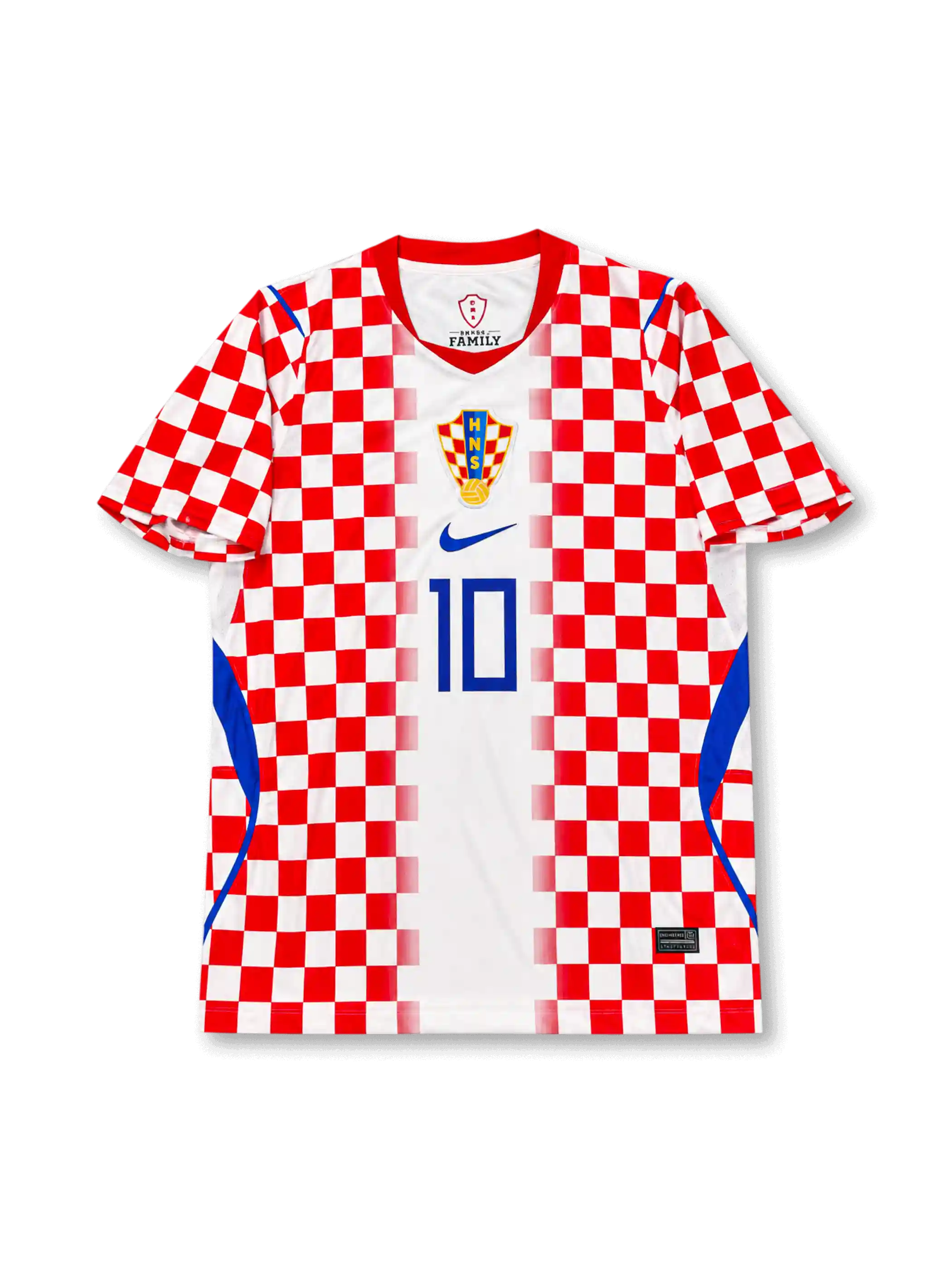 2026年クロアチア代表ワールドカップホームユニフォーム正面、ホワイトベース、赤白チェッカーパターン、HNSエンブレム、ブルーロゴ、前面背番号10、ブルーサイド切り替え