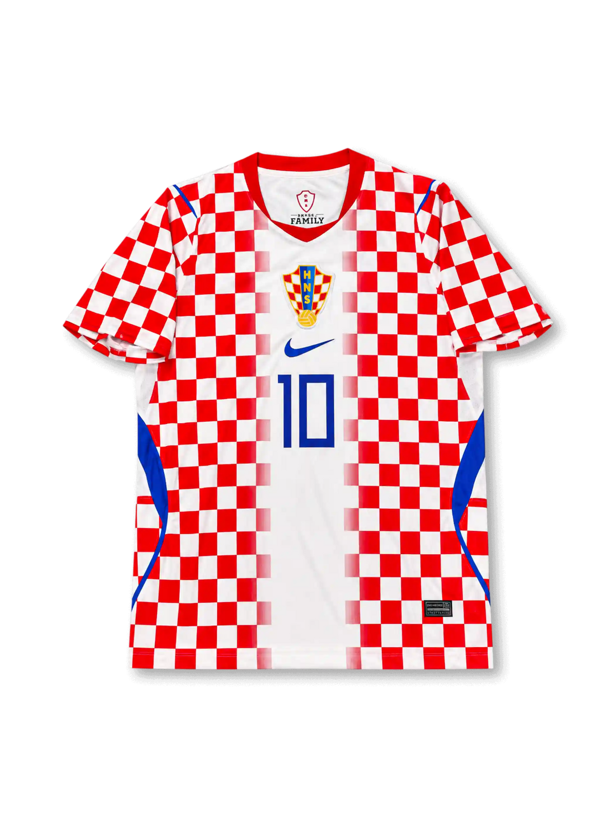 2026年クロアチア代表ワールドカップホームユニフォーム正面、ホワイトベース、赤白チェッカーパターン、HNSエンブレム、ブルーロゴ、前面背番号10、ブルーサイド切り替え