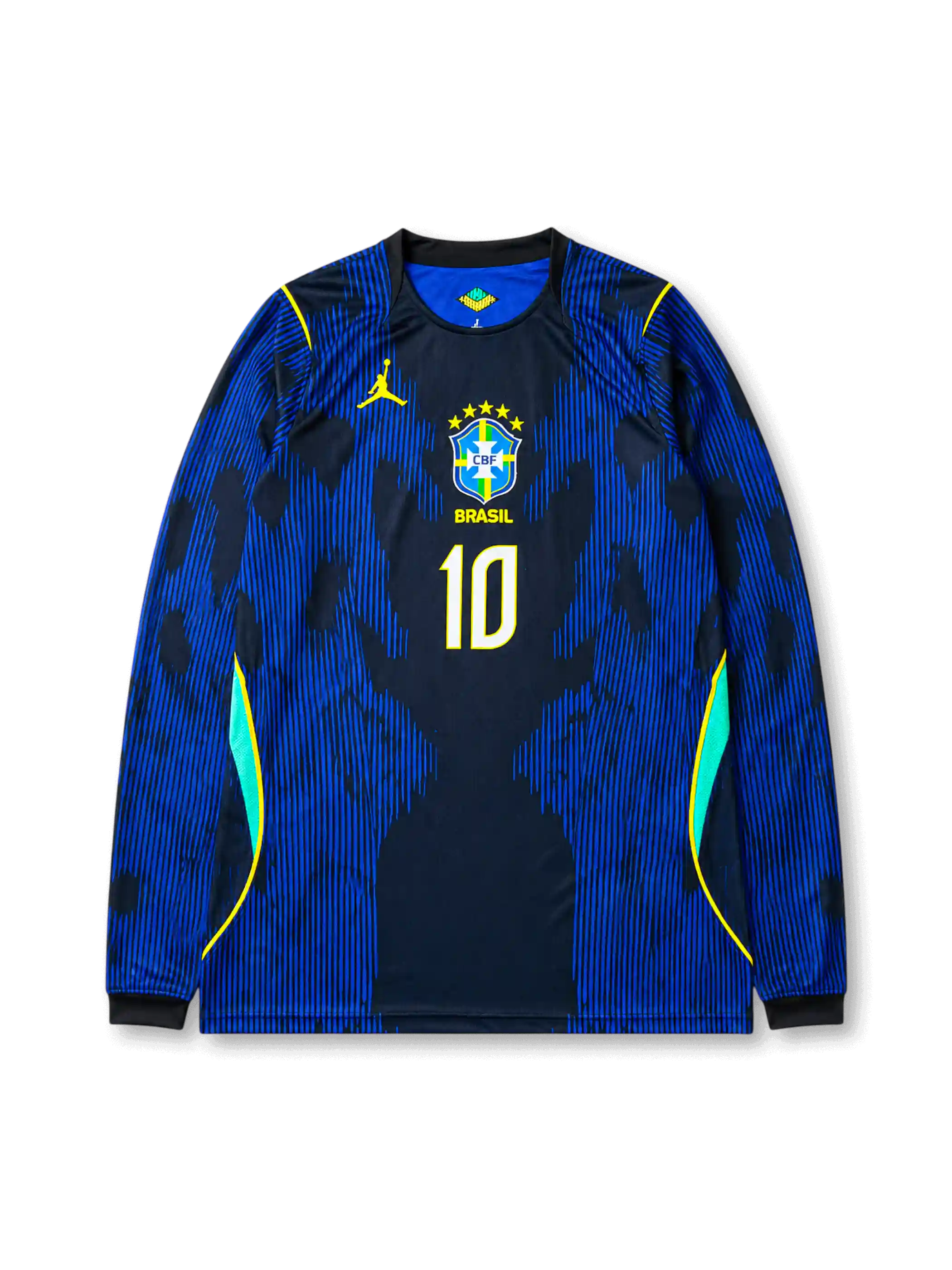 2026年ブラジル代表ワールドカップアウェイ長袖ユニフォーム正面、ブルーとブラックのグラフィック、CBFエンブレム、前面背番号10、イエローアクセント、グリーン切り替え