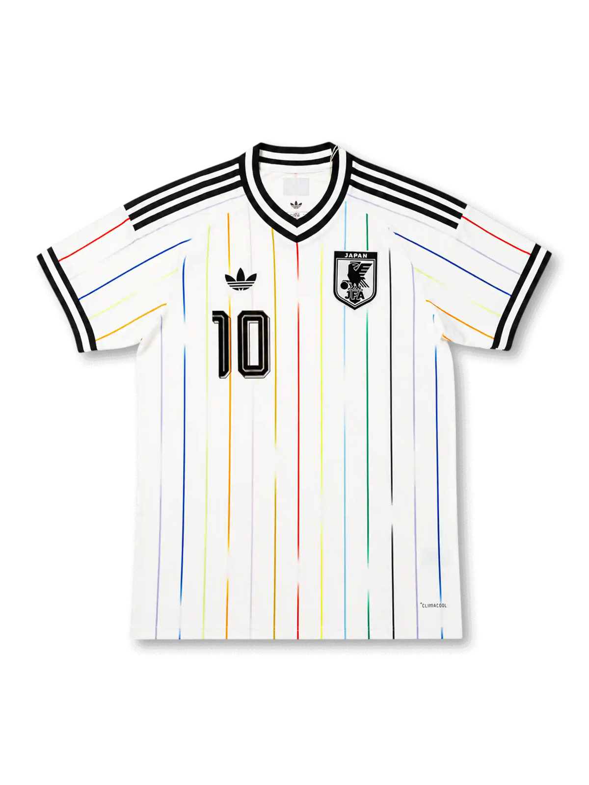 日本代表2026ワールドカップアウェイモデル、白地に七色のピンストライプを走らせ、堂安律の背番号10を冠したユニフォーム、vintage football jersey, retro Japan kit, classic soccer shirt