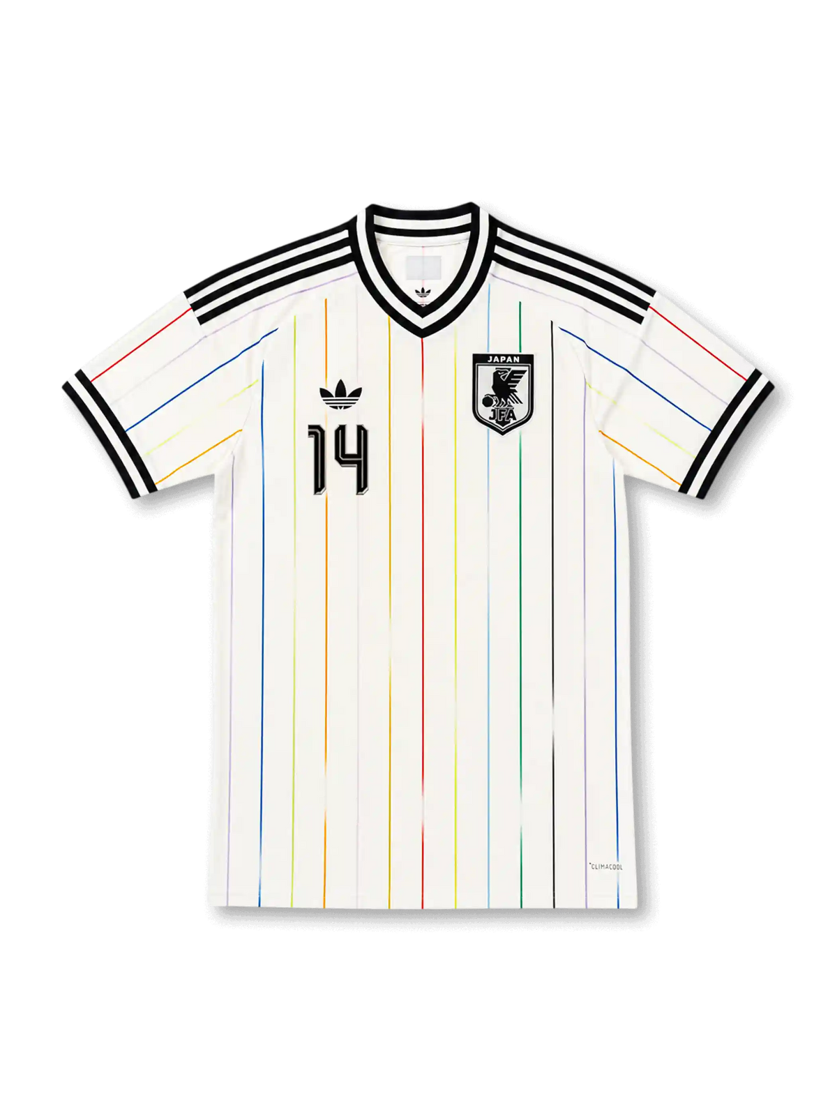 2026年日本代表ワールドカップアウェイユニフォーム正面、ホワイトボディ、マルチカラー縦ライン、ブラックVネック、日本代表エンブレム、胸番号14