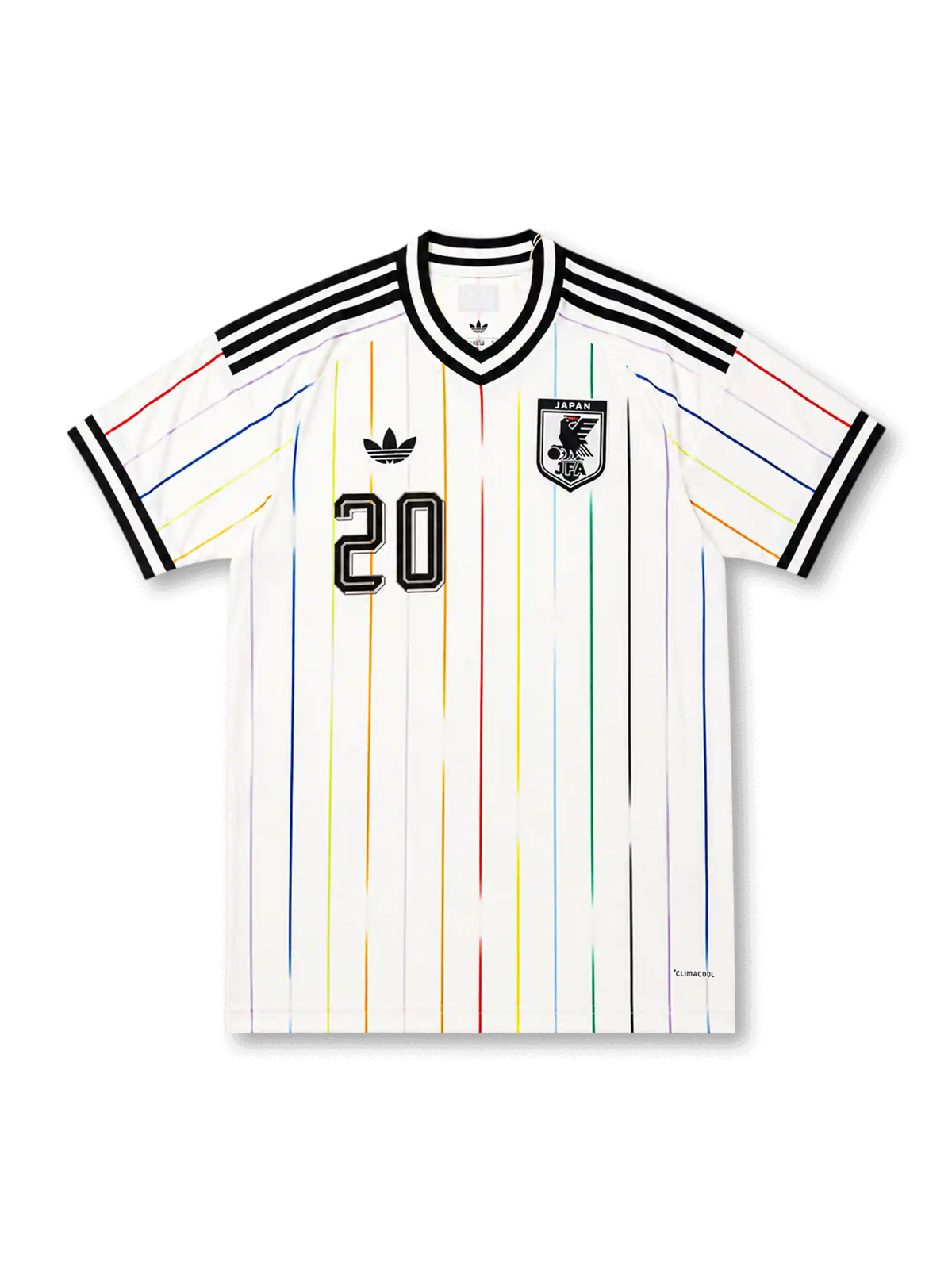 2026年日本代表ワールドカップアウェイユニフォーム正面、ホワイトボディ、マルチカラー縦ライン、ブラックVネック、日本代表エンブレム、胸番号14