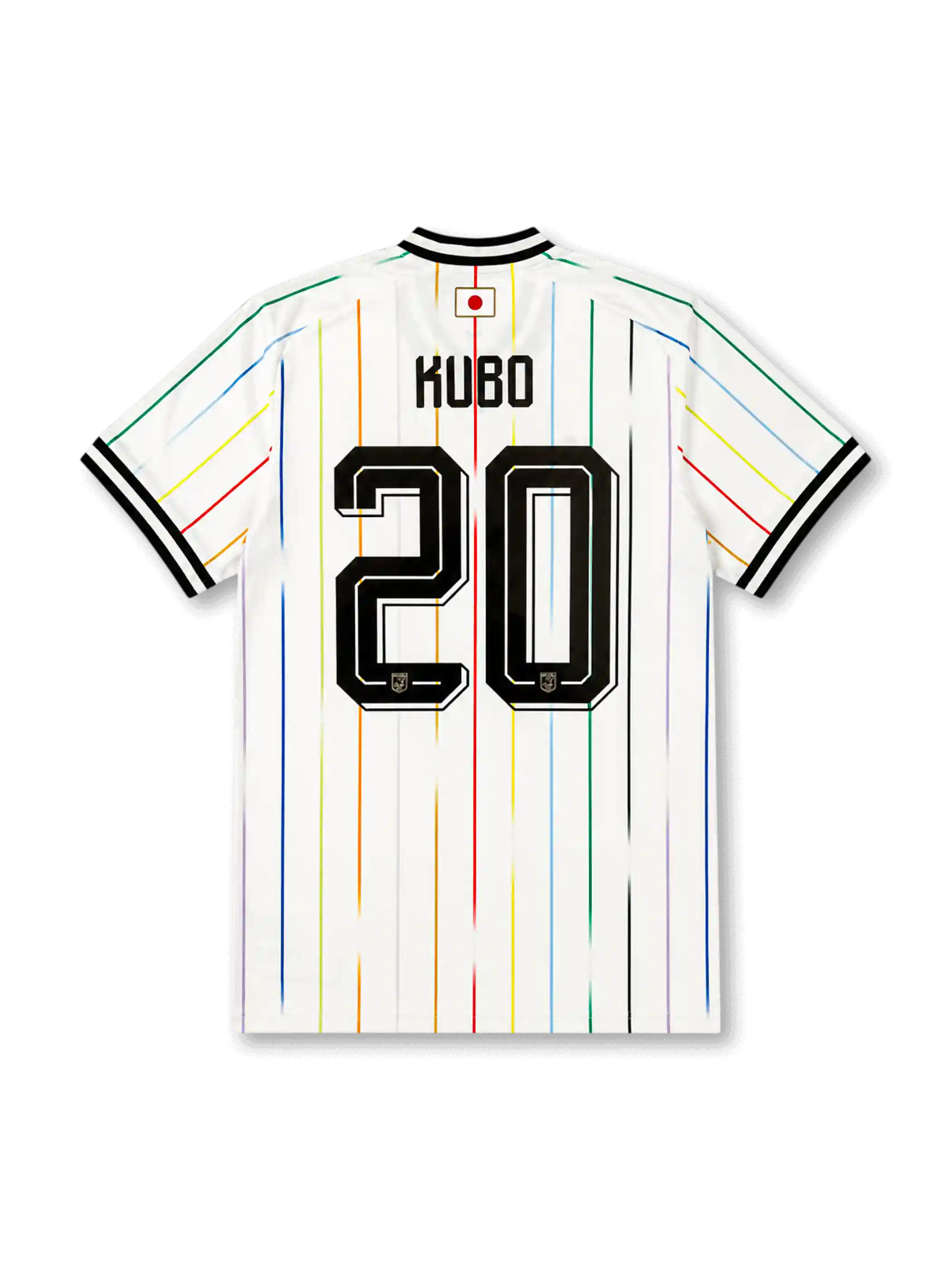 2026年日本代表ワールドカップアウェイユニフォーム背面、ITOネーム、14番マーキング、ホワイトボディ、マルチカラー縦ライン、襟下の日の丸ディテール