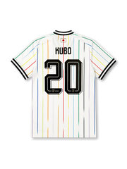 2026年日本代表ワールドカップアウェイユニフォーム背面、ITOネーム、14番マーキング、ホワイトボディ、マルチカラー縦ライン、襟下の日の丸ディテール