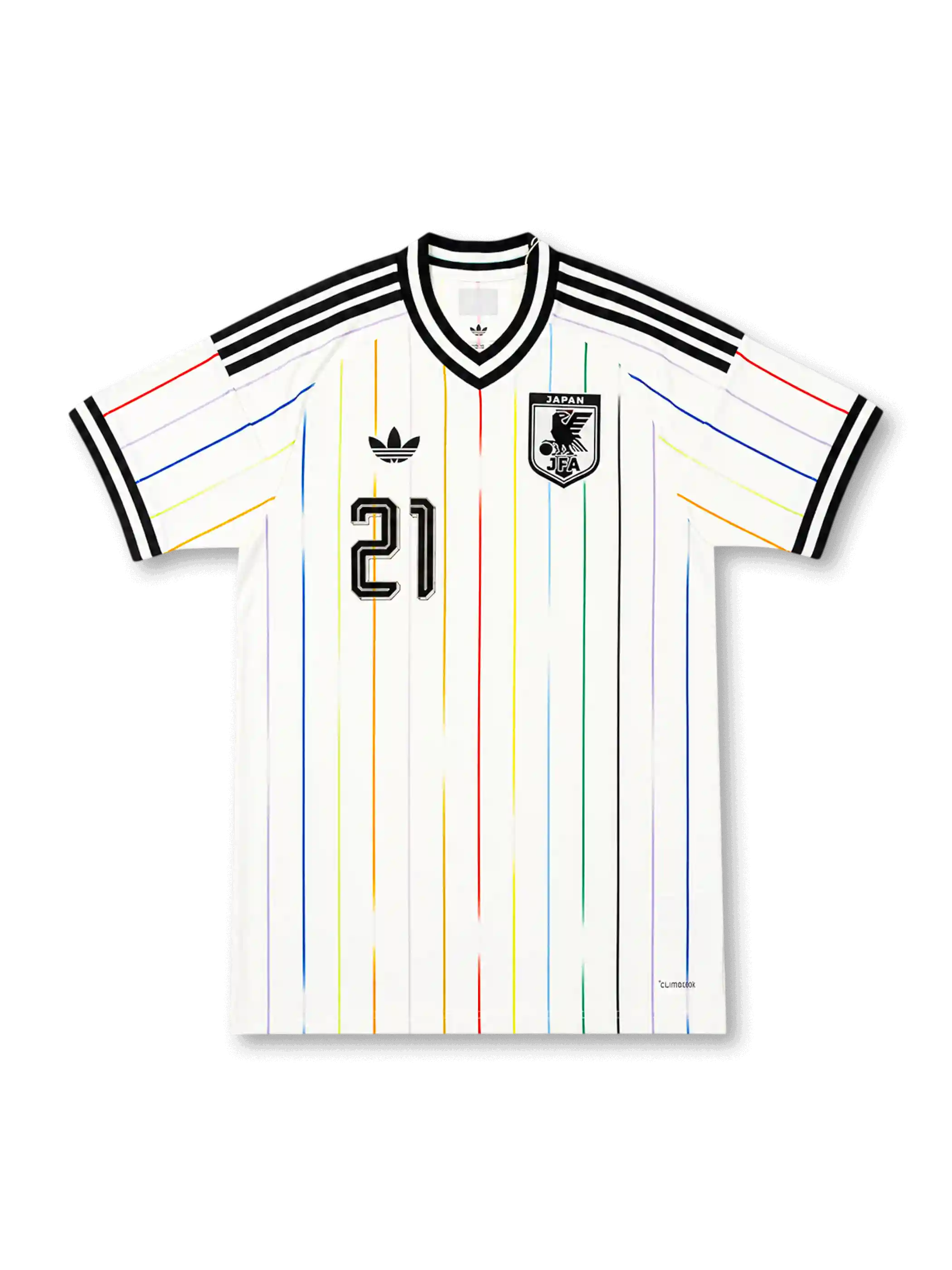 2026年日本代表ワールドカップアウェイユニフォーム正面、ホワイトボディ、マルチカラー縦ライン、ブラックVネック、日本代表エンブレム、胸番号14